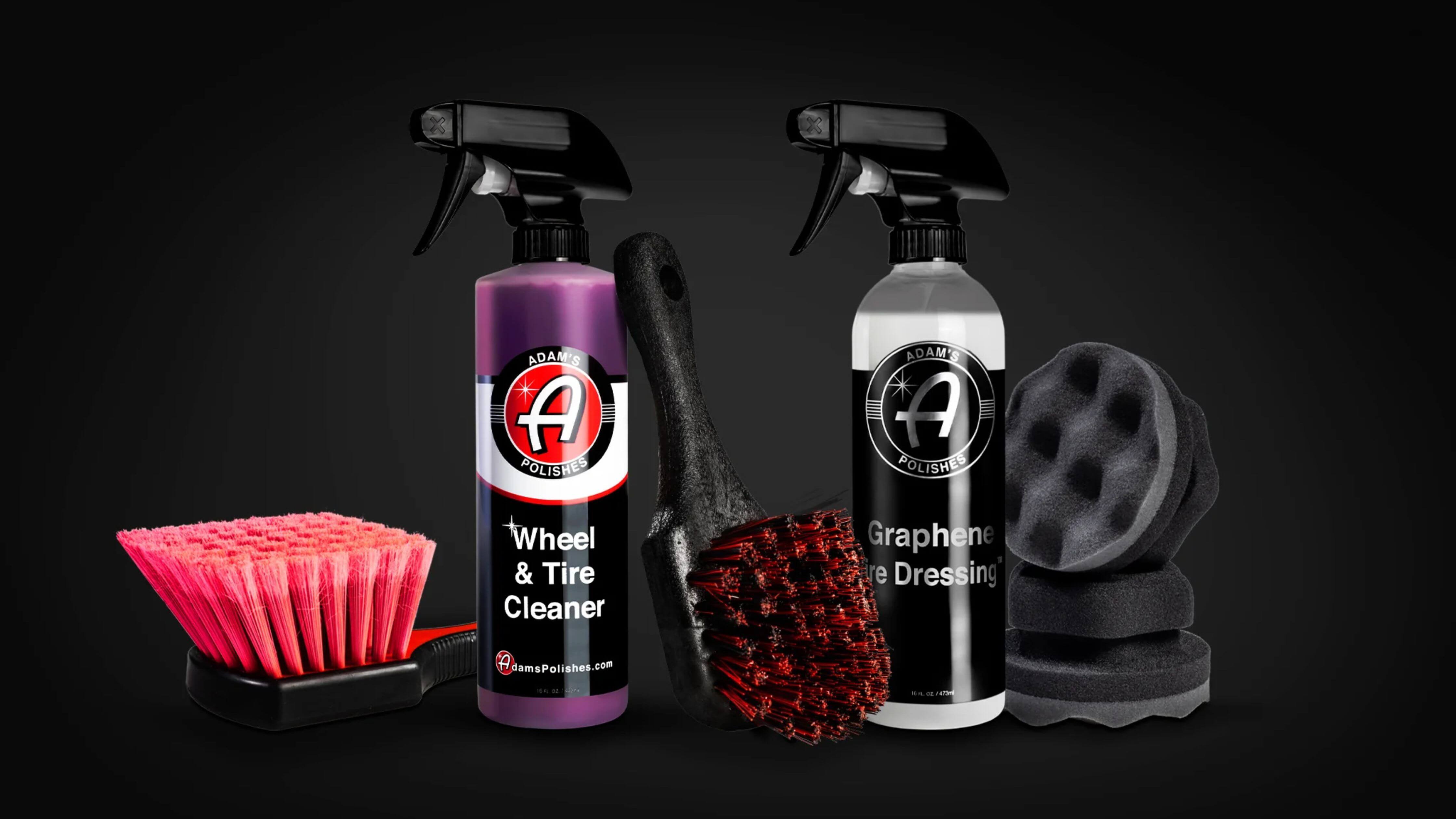 Car care products arrayed, including wheel cleaner and tire dressing, set against a dark backdrop, ideal for ceramic coating maintenance.