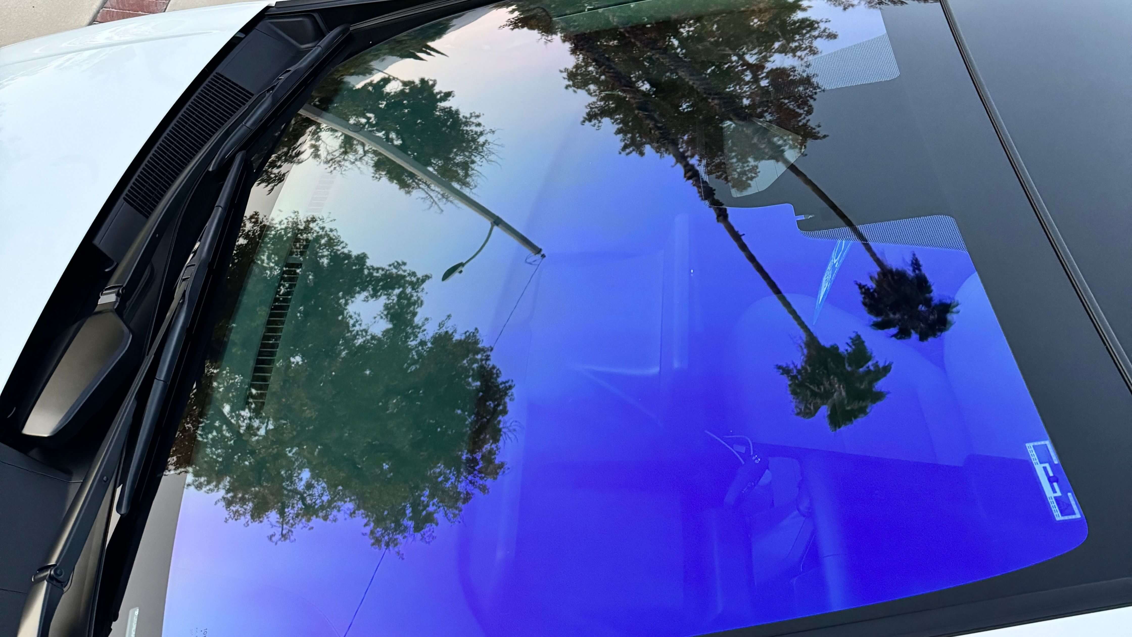 A car windshield reflecting trees and a streetlight with a blue tint, illustrating the cost and benefits of car tinting.