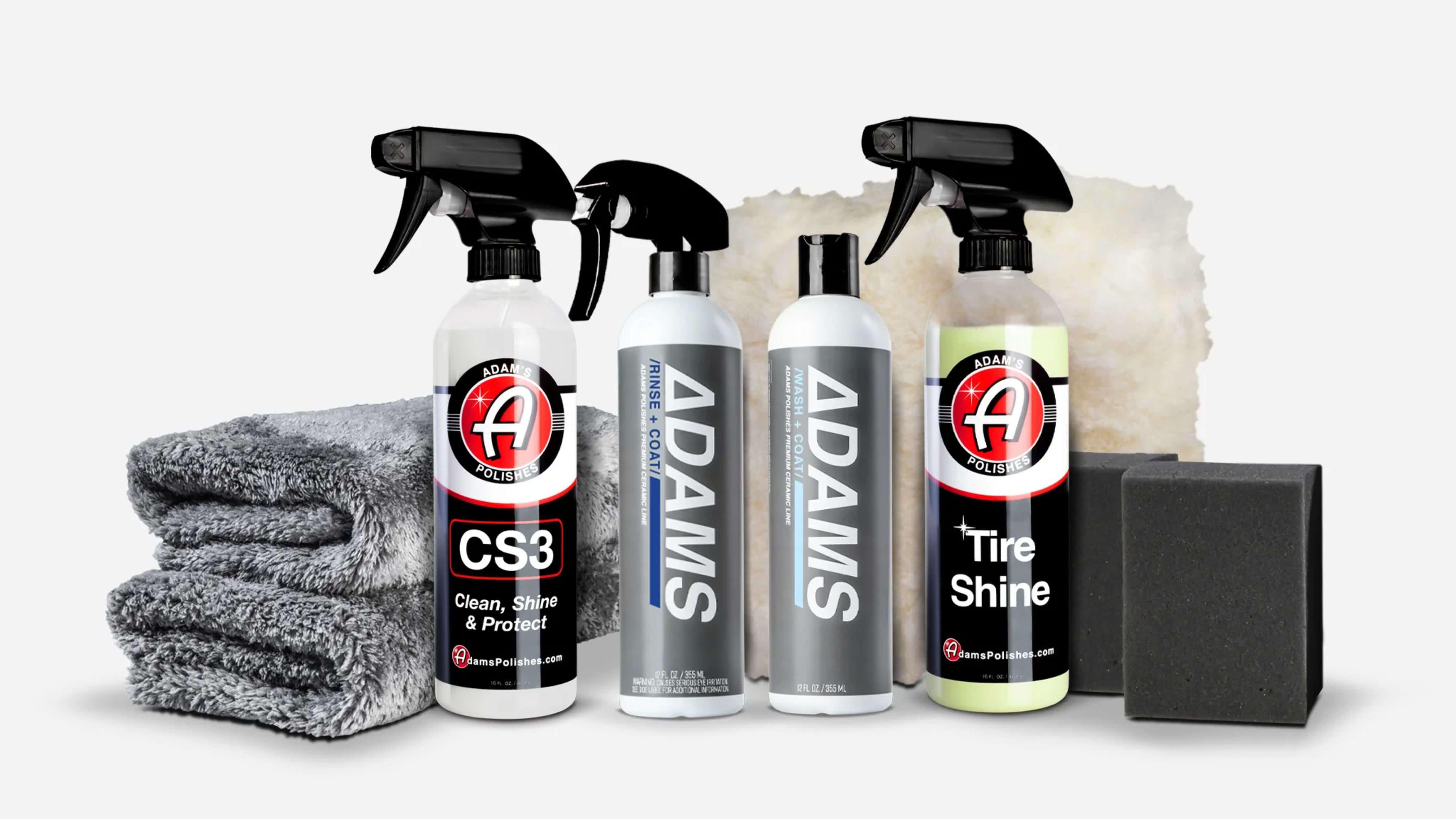 Eco-friendly car wash soap from Adam's Polishes with sponges and towels