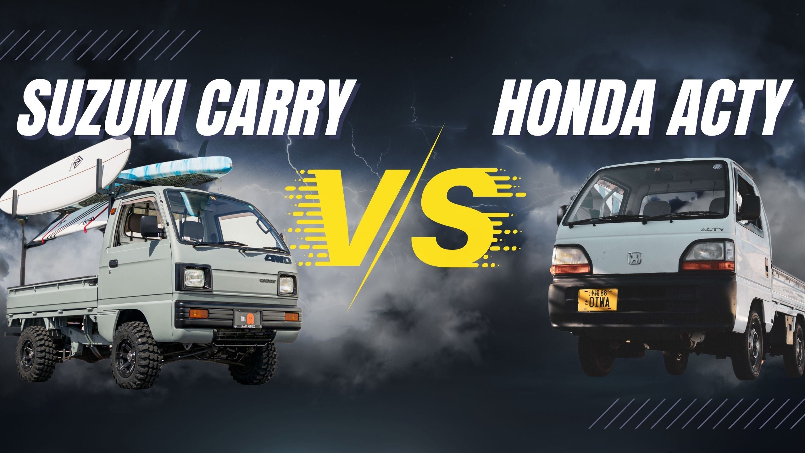 "Side-by-side comparison graphic featuring a rugged Suzuki Carry and a versatile Honda Acty, highlighting their distinct styles and off-road capabilities.