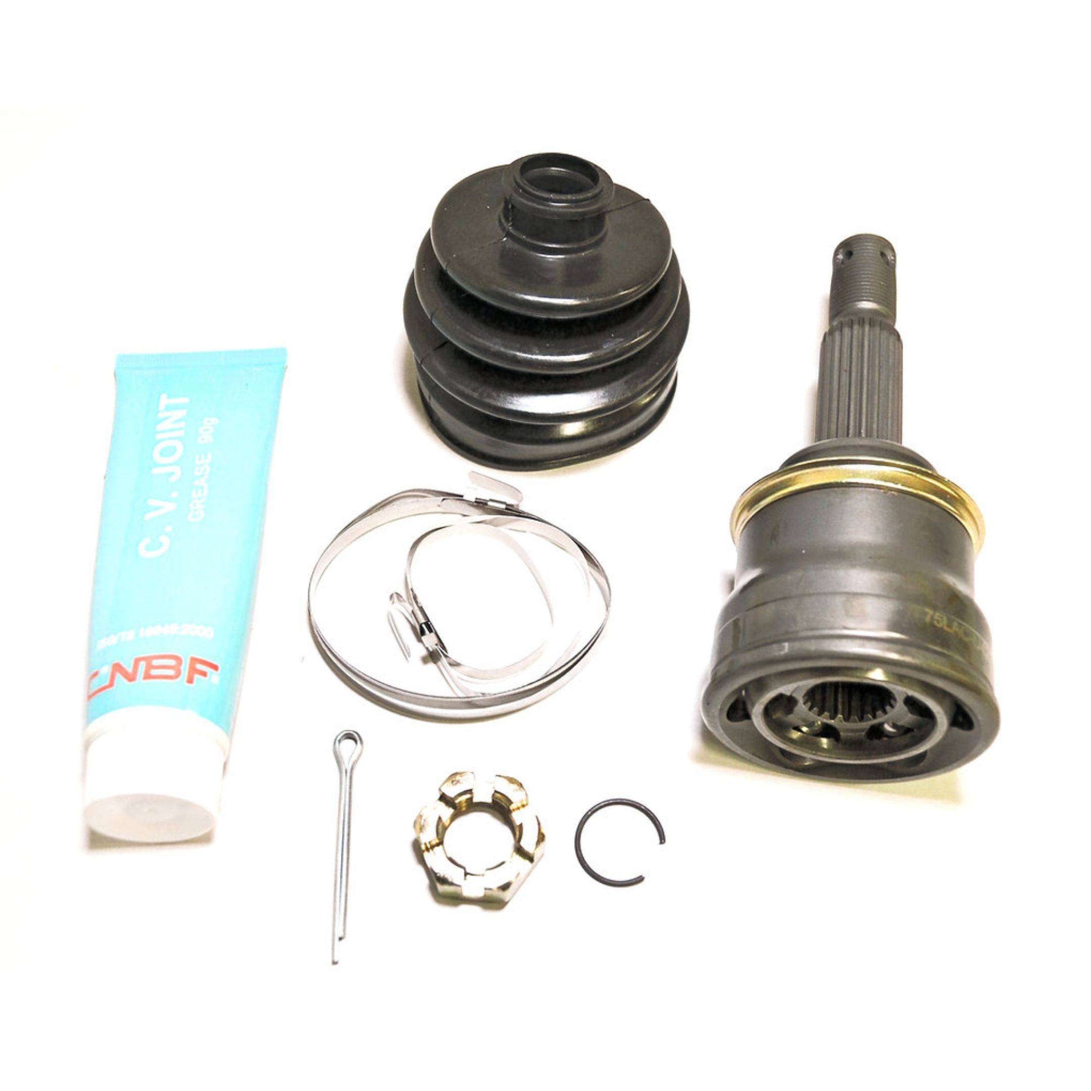 Mitsubishi Minicab Van U43V, U44V (1990–1999) steering CV joint boot replacement kit with durable rubber bellows, outer constant velocity joint assembly, high-temp grease packet, stainless steel clamps, snap ring and hardware – Steering Kits collection.