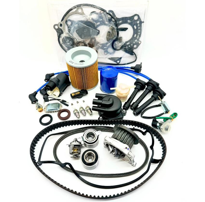 Honda Acty Comprehensive Timing Belt and Engine Maintenance Mega Kit for '90-'99 HA3/HA4 models, featuring OEM-quality filters, distributor cap, spark plugs, ignition module, gaskets, and more, with free shipping from Oiwa Garage.