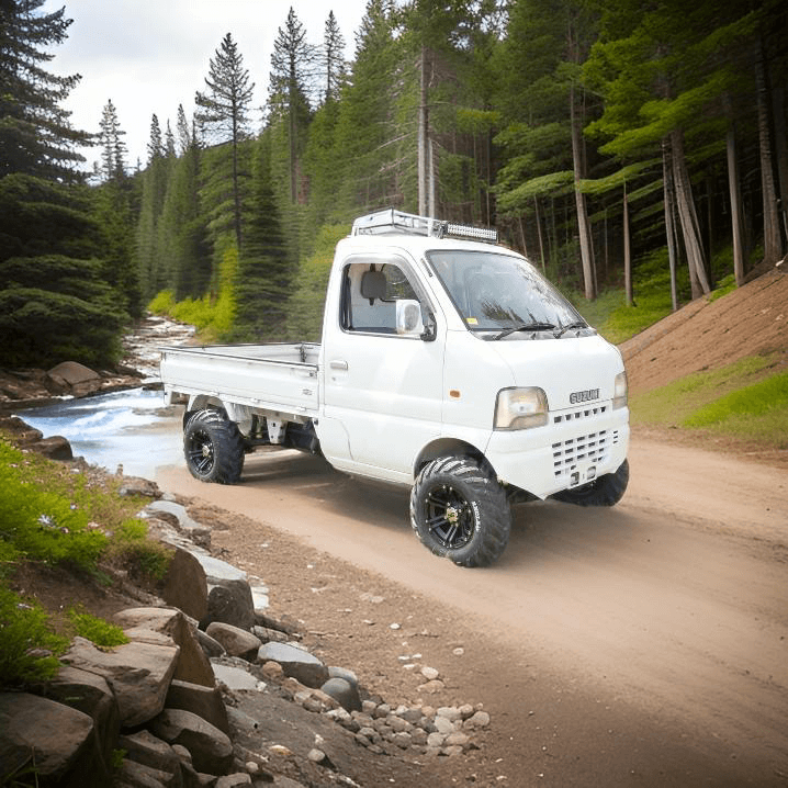 White Suzuki Carry Truck DA62T (2001-2003) with off-road tires and roof rack, showcasing high-quality Suzuki Carry body parts ideal for rugged outdoor adventures.