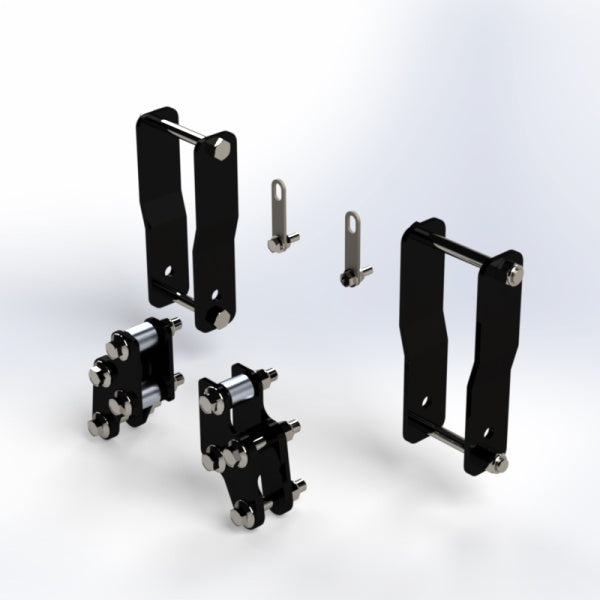 Kei truck lift kit components, including heavy-duty shackles, brackets, and hardware, designed for Japanese mini truck suspension and lift upgrades.