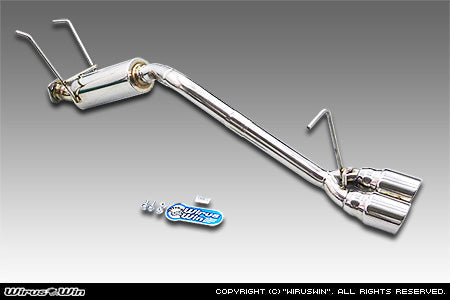 Wirus Win twin-tip stainless steel Daihatsu Hijet Exhaust for 1994-1999 (V-S100P, V-S100C, V-S100CT, V-S110P, V-S110C, V-S110CT), showcasing a polished performance muffler upgrade with included mounting hardware.