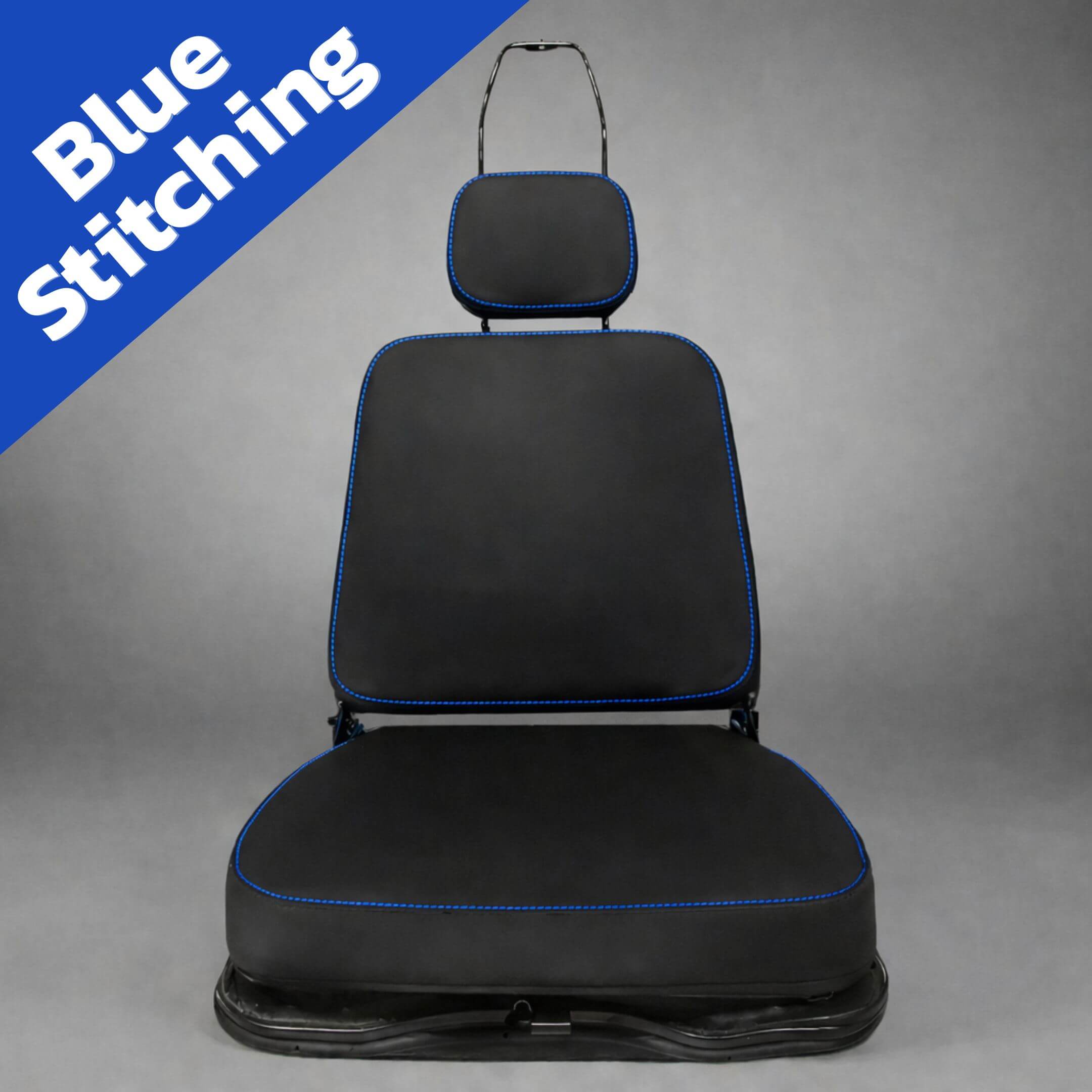 Honda Acty Seat Covers in black with blue stitching for driver and passenger, compatible with HA3 and HA4 models from 1990-1999.