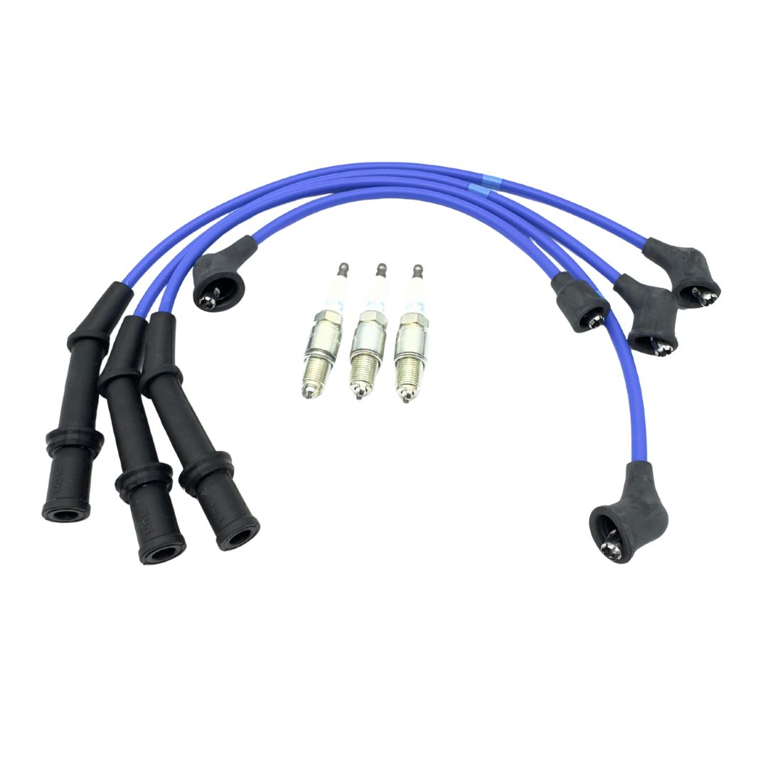 Ignition Kit - 7 Piece featuring blue spark plug wires and three spark plugs for EFES Engines, compatible with Daihatsu Hijet Truck & Panel Van models S100P, S110P, S100C, S110C, S100CT, S110CT from 1