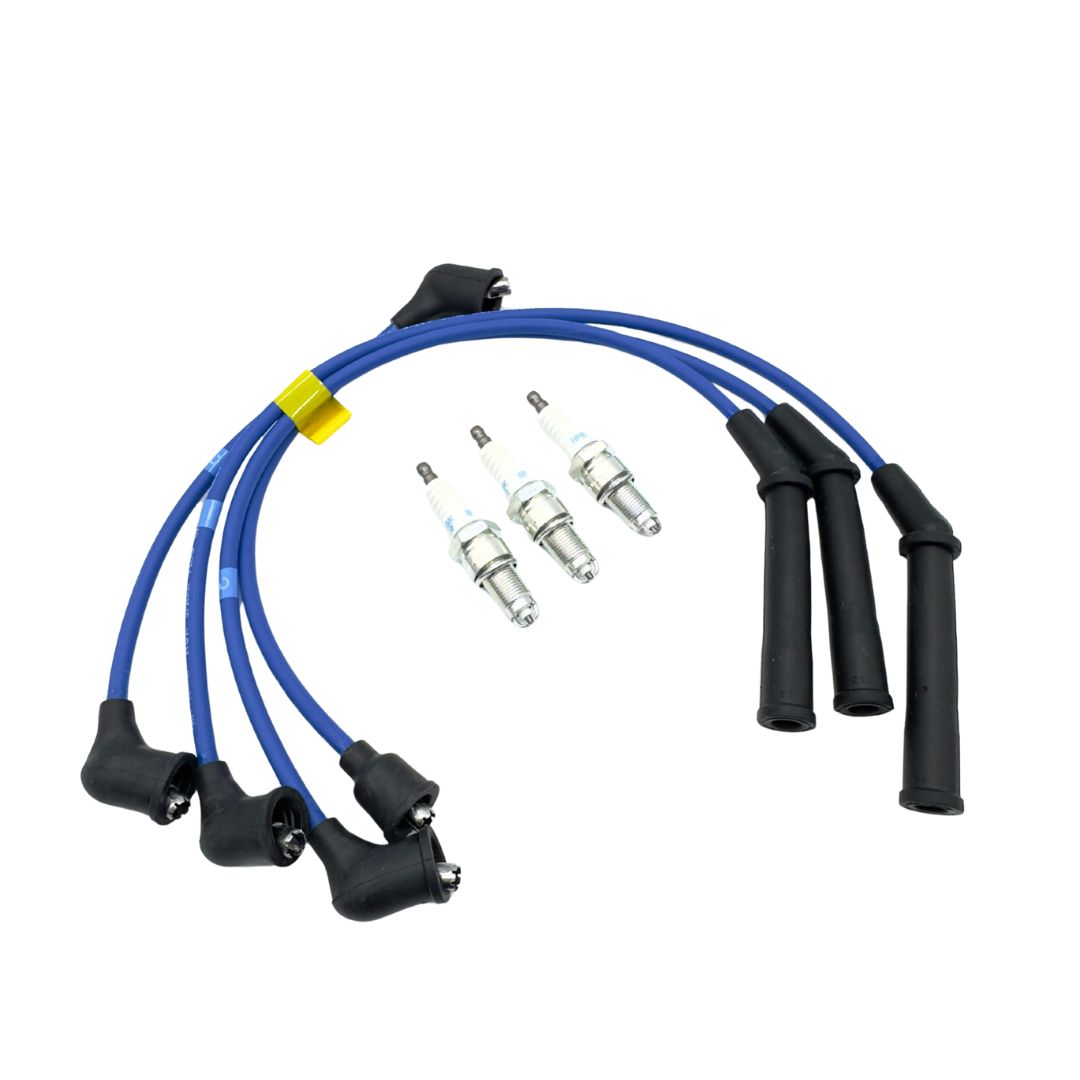 Ignition Kit - 7 Piece featuring blue spark plug wires and spark plugs for Daihatsu Hijet Truck EFNS Engines, models S100P, S110P, S100C, S110C, S100CT, S110CT (1994-1997).