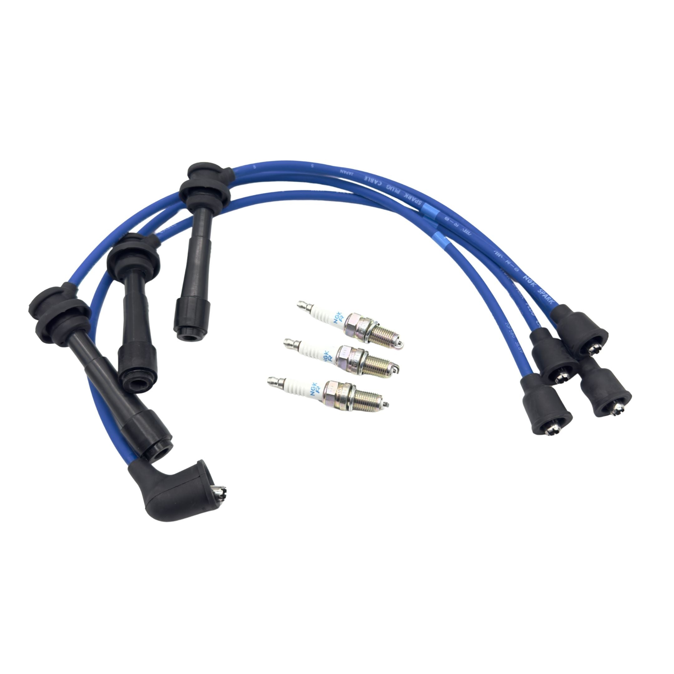 Spark plugs and blue ignition wire set for Suzuki Carry DC51T and DD51T 1991 to 1999, shown on a white background with all cables and NGK spark plugs arranged for a full tune up.