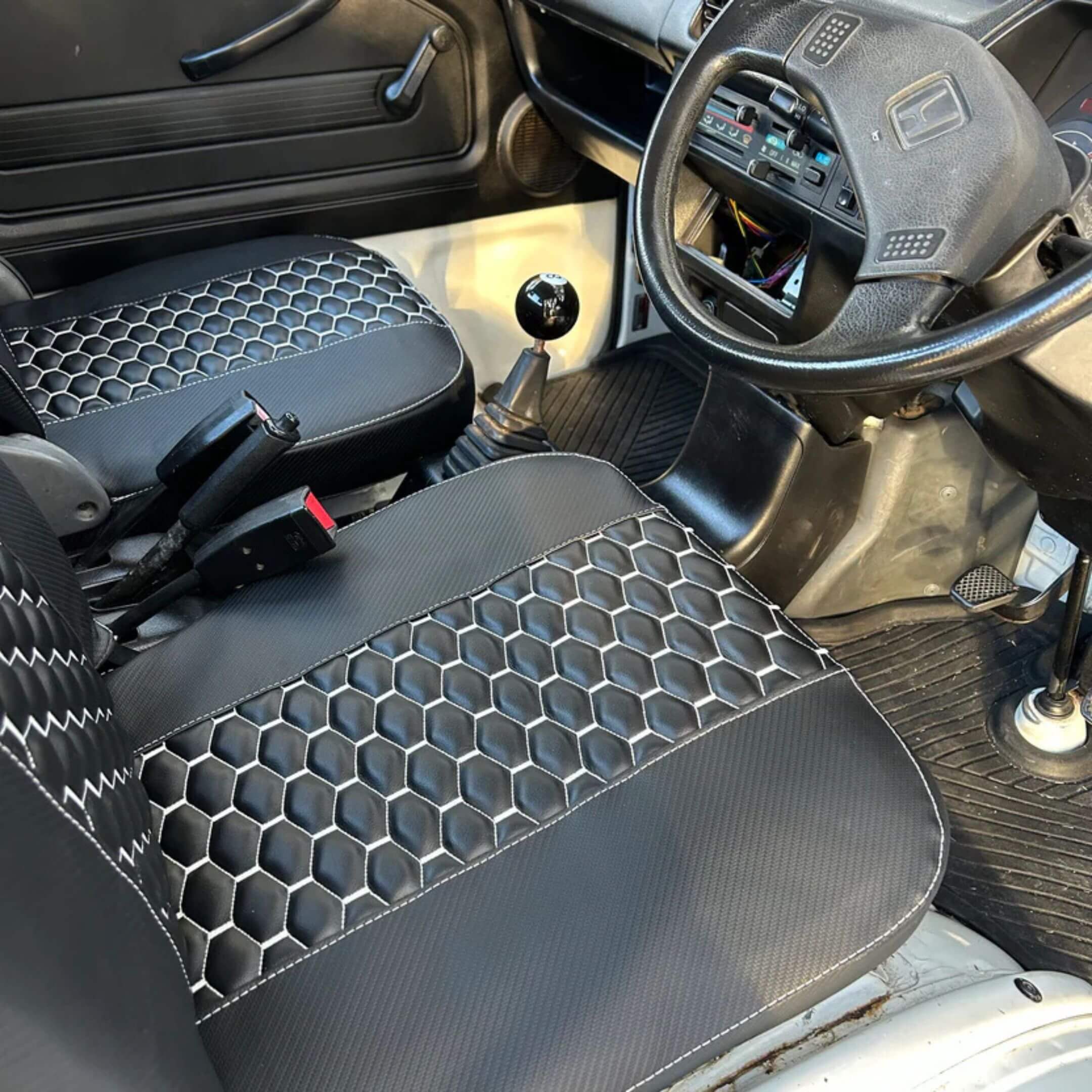 Honda Acty Seat Covers with honeycomb stitch design for driver and passenger seats, compatible with HA3 and HA4 models from 1990-1999.
