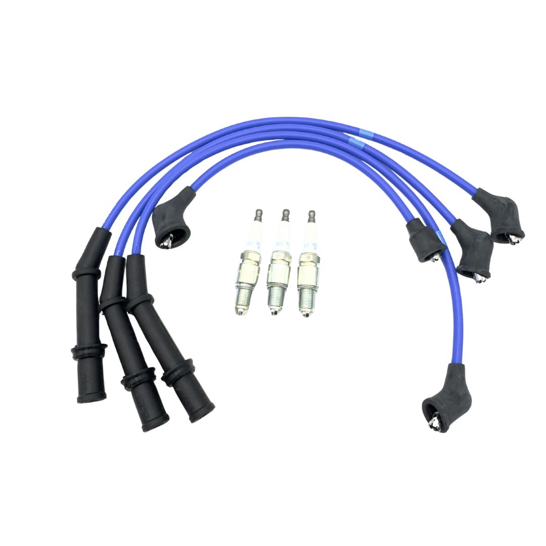 Ignition Kit - 7 Piece featuring blue spark plug wires and spark plugs for EFES Engines, compatible with Daihatsu Hijet Truck & Panel Van models S100P, S110P, S100C, S110C, S100CT, S110CT (1994-199