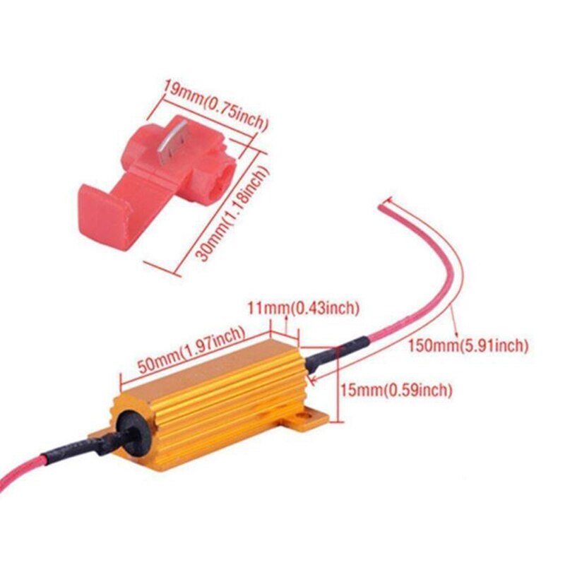 LED load resistor with size dimensions and quick splice tap connector, 50W 6 ohm hyper flash solution for LED turn signal conversion.