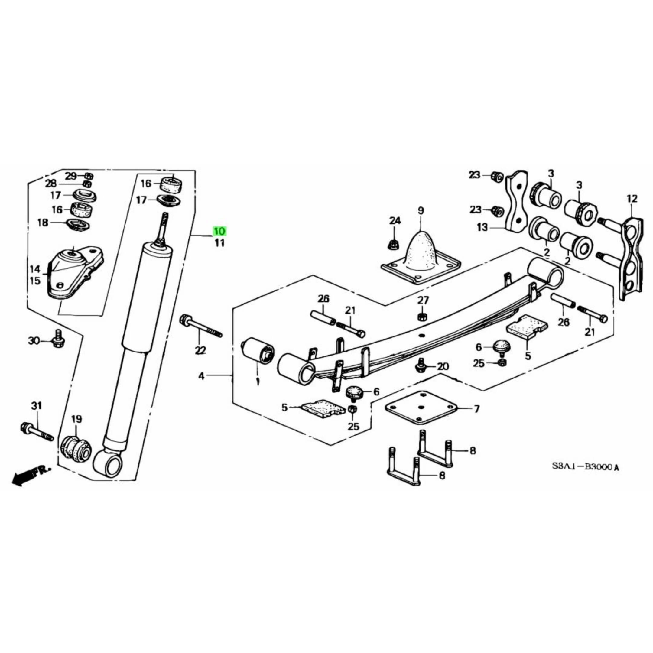 Technical diagram of Shock - Rear, Right for Honda Acty Truck HA8, HA9 Models (2009-2022), showcasing detailed parts and assembly layout.