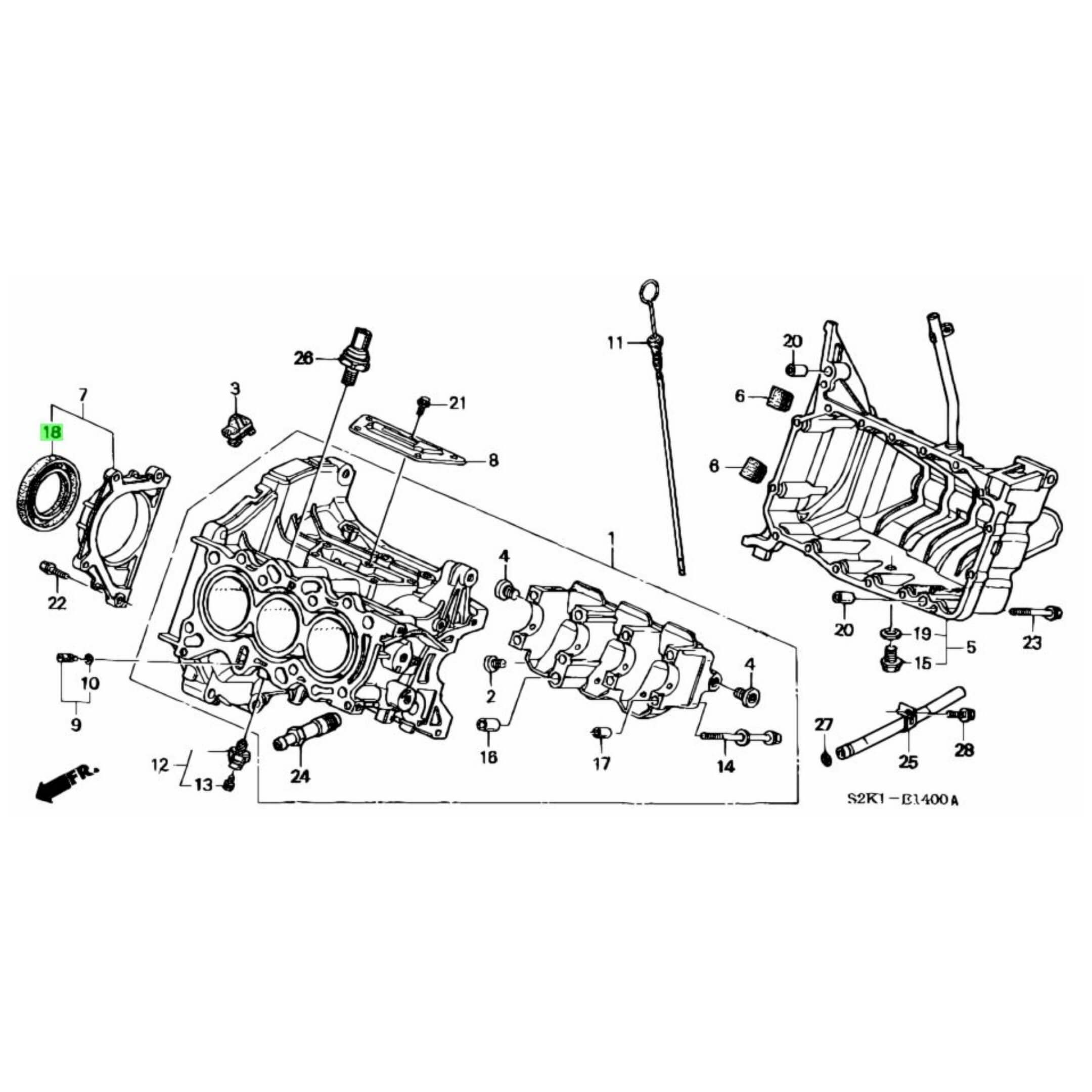 Exploded diagram highlighting the rear main seal placement for Honda Acty Van HH3, HH4 models (1990-1999).