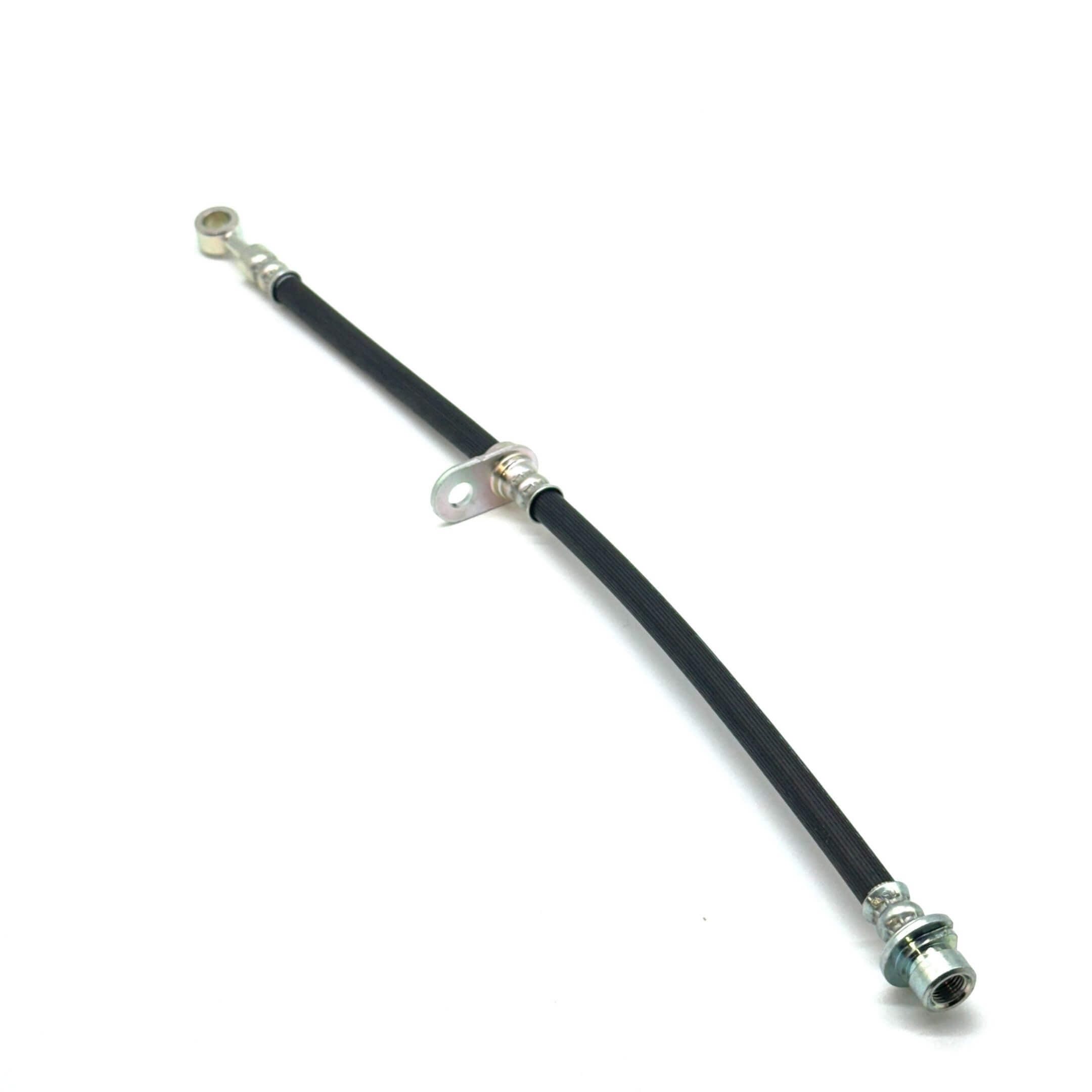 Front Brake Hose for Honda Acty Truck HA8, HA9 Models 2009-2022, black rubber with metal fittings, left side.
