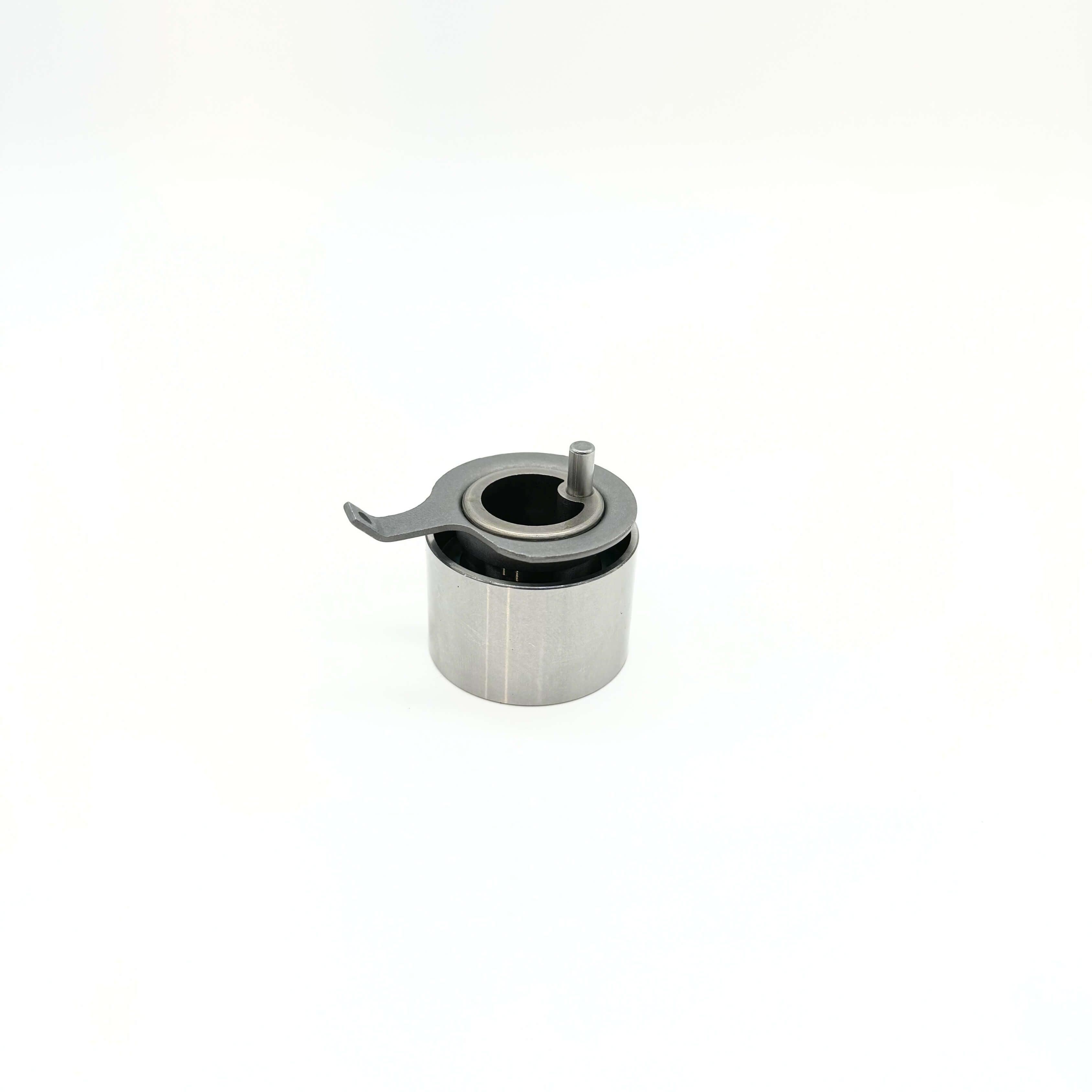 Side angle view of a tensioner pulley for Suzuki Carry Truck DC51T, DD51T models from 1991-1998, showcasing its metallic finish and attached arm.