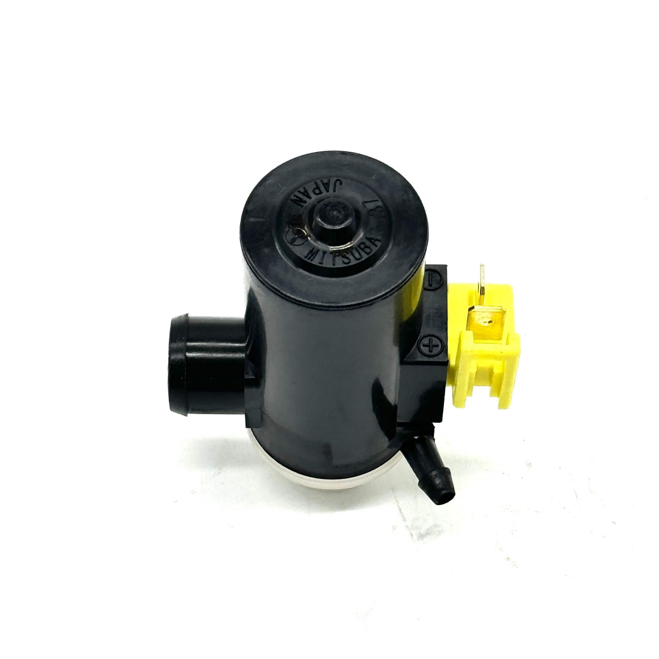Black windshield washer pump motor for Honda Acty Truck HA8, HA9 models (2009-2022) with yellow connector.