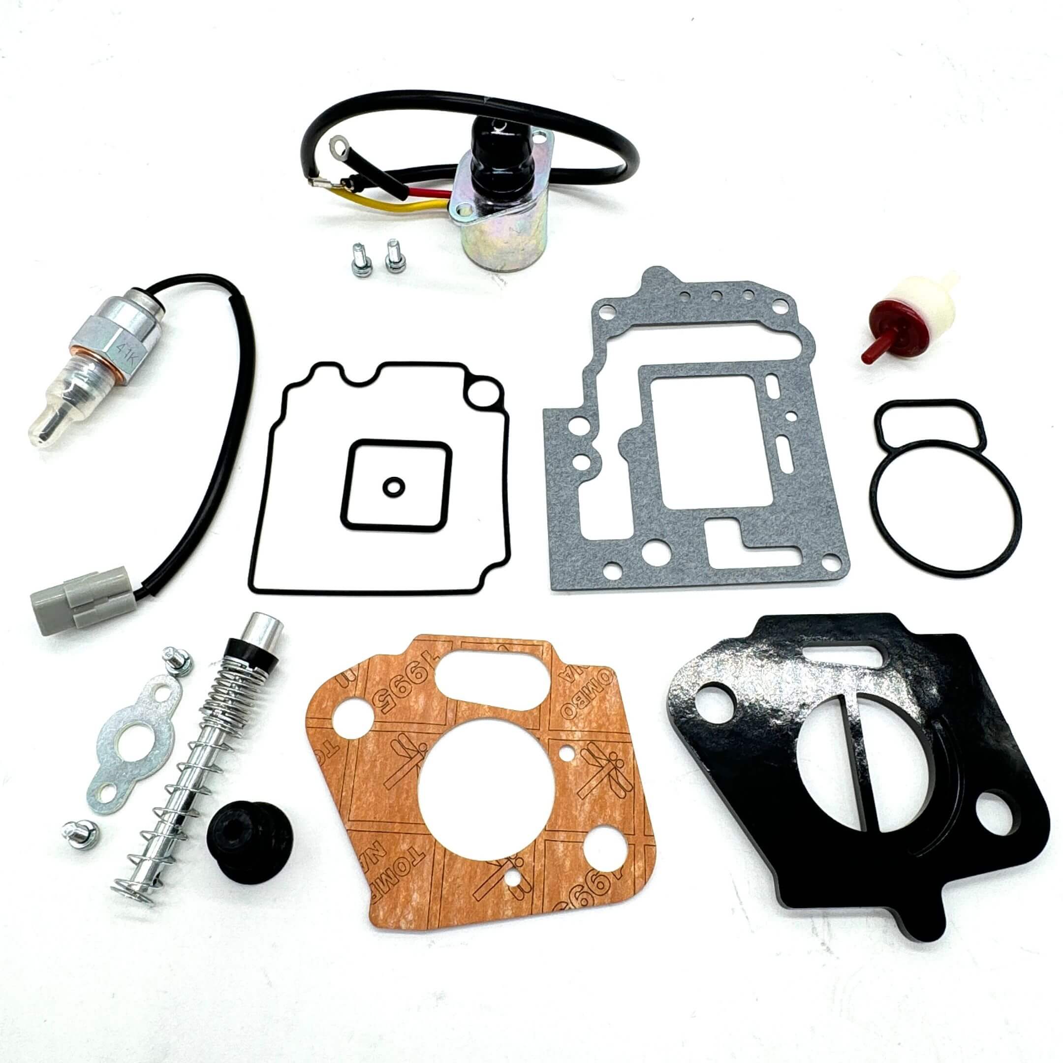 15-piece Carburetor Gasket Rebuild Kit for Subaru Sambar Van KV3, KV4 Models from 1990 to 1998, including Fuel Cut Off Solenoid, Gaskets, and Insulator."