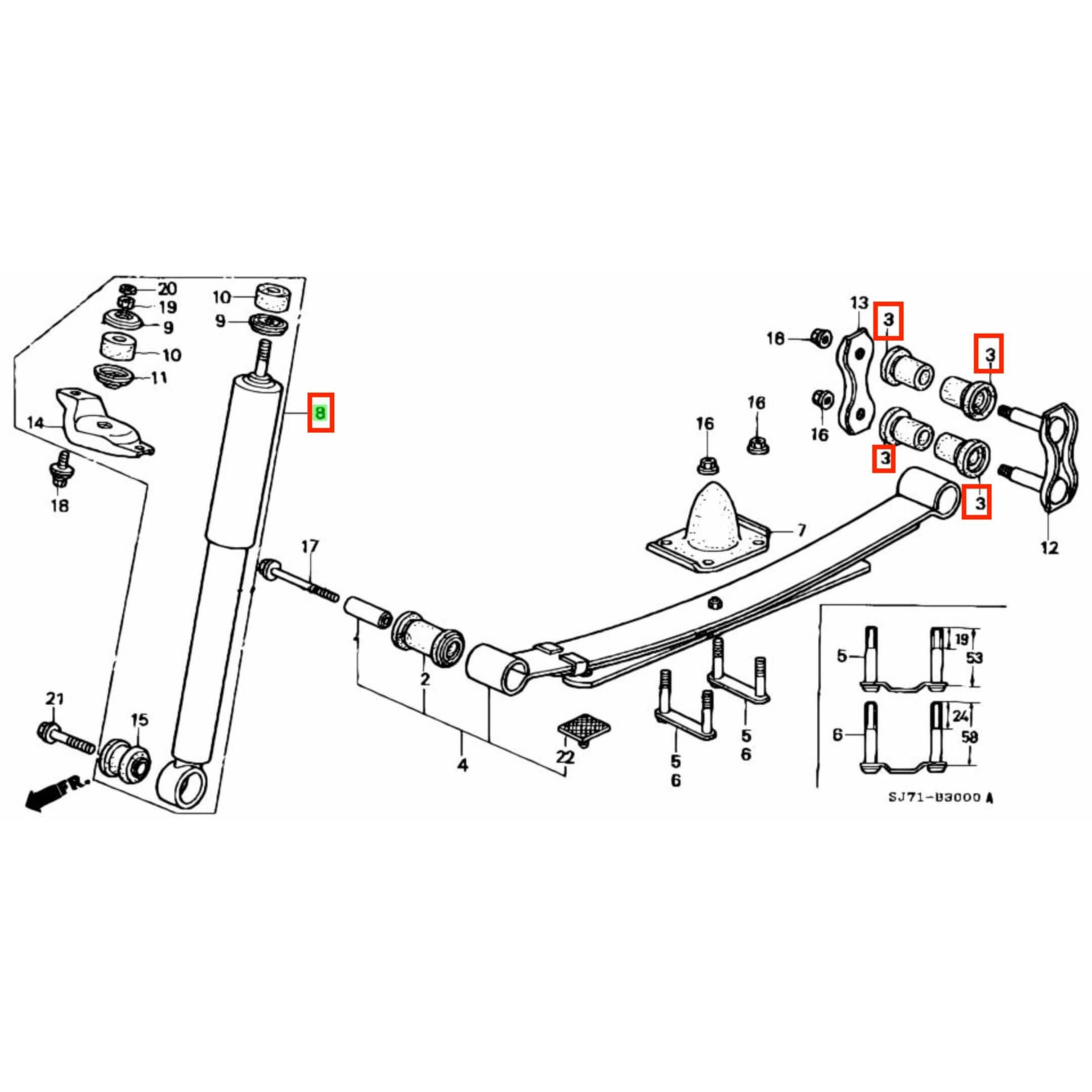 Rear suspension assembly diagram for Honda Acty Van HH3, HH4 showing placement of shackle bushing set and other suspension parts, 1990-1999.