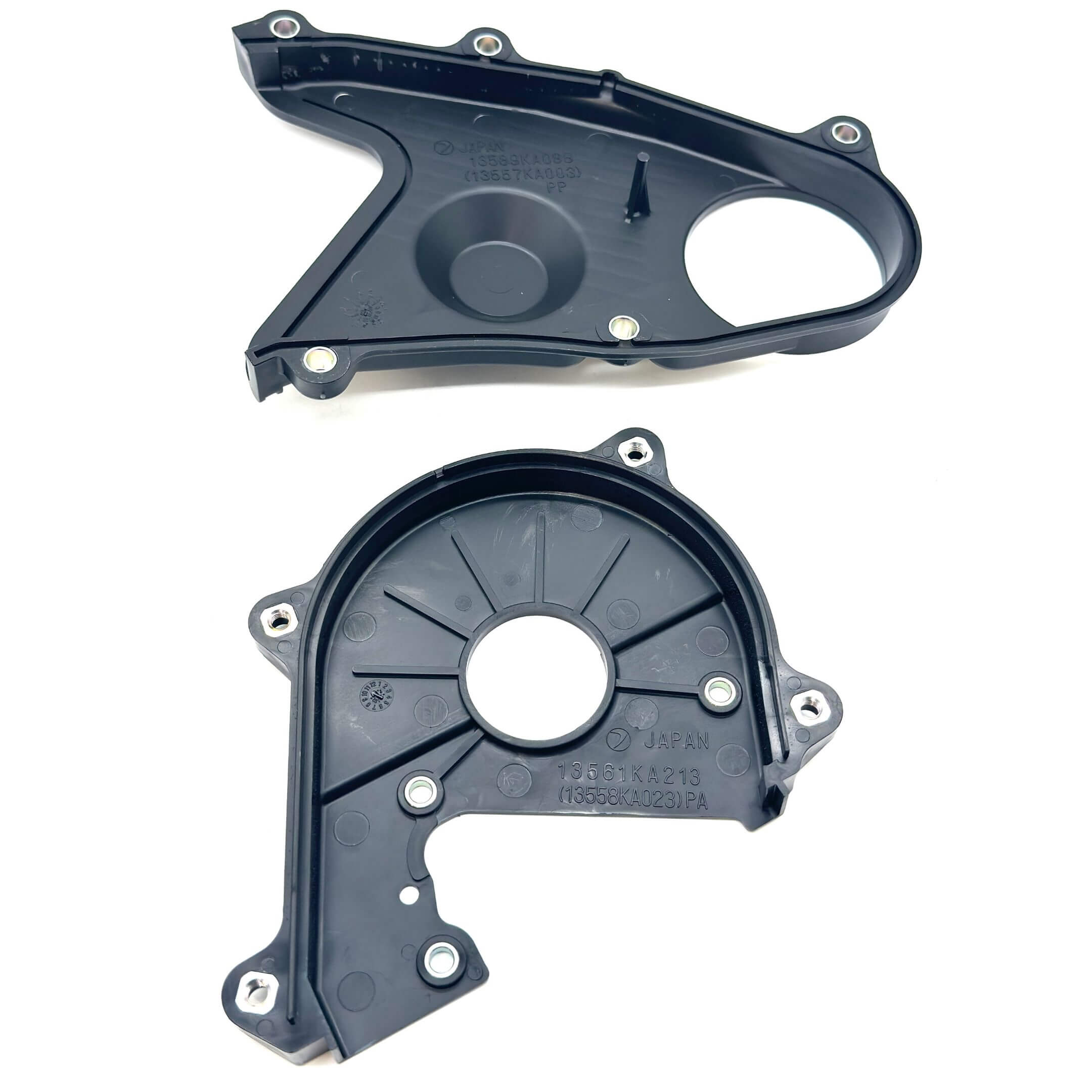 OEM Subaru Sambar Timing Belt Cover Set - Inner and Lower for KV3, KV4, and KV Series EN07 Engine Vans and Vans, featuring precise fitment and timing mark design.