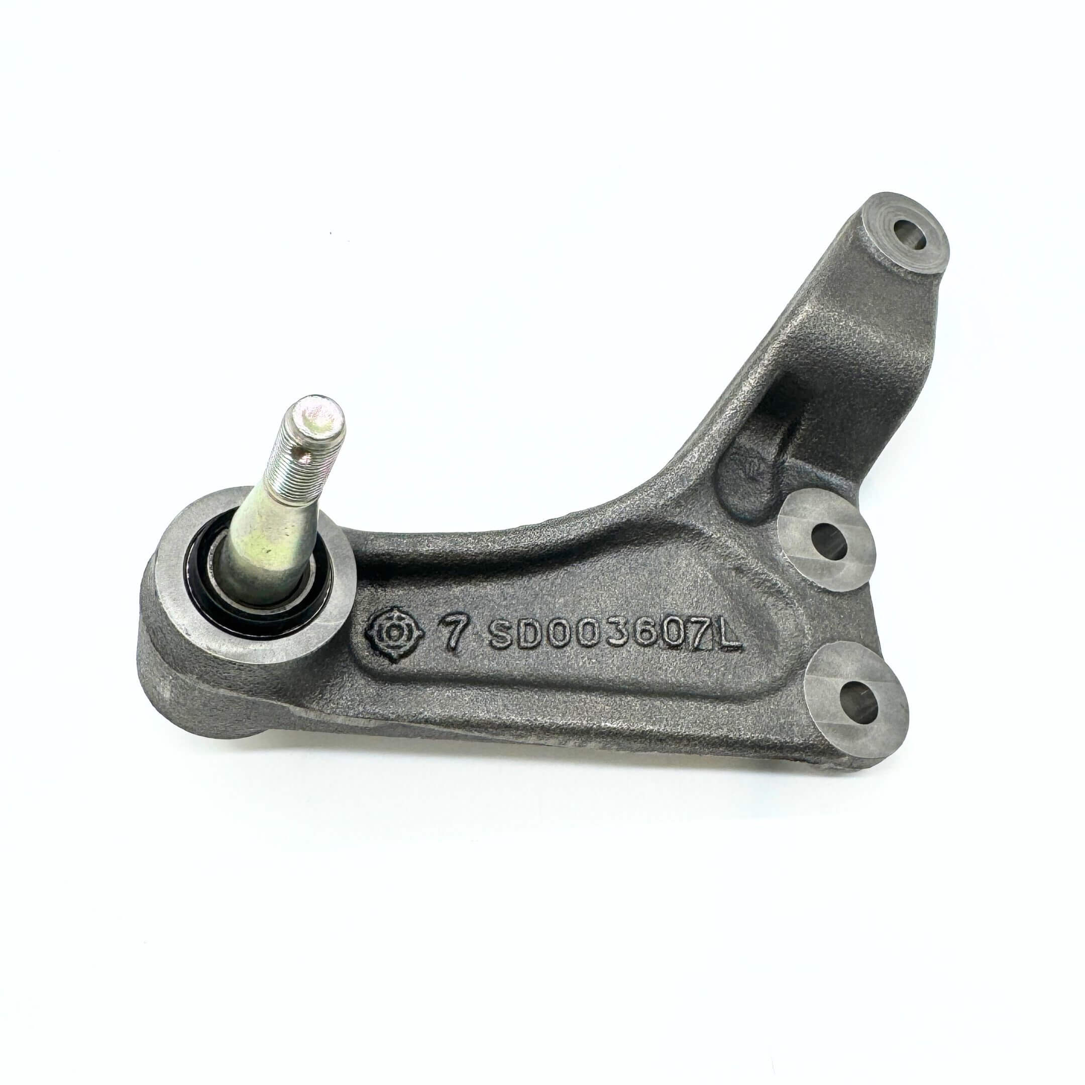 Angled view of the center steering link with pin for Subaru Sambar Van KV3, KV4 (1990-1998), displaying the integrated pin, mounting points, and secure bearing housing.