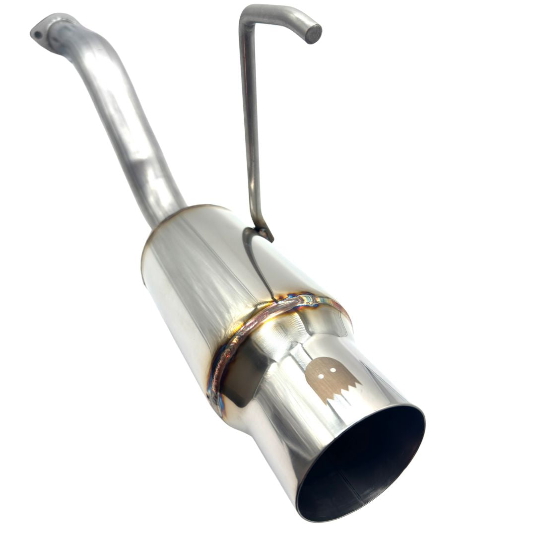 Detailed view of handcrafted TIG welds on the American-made Oiwa Growler stainless steel exhaust for Honda Acty HA3 and HA4.