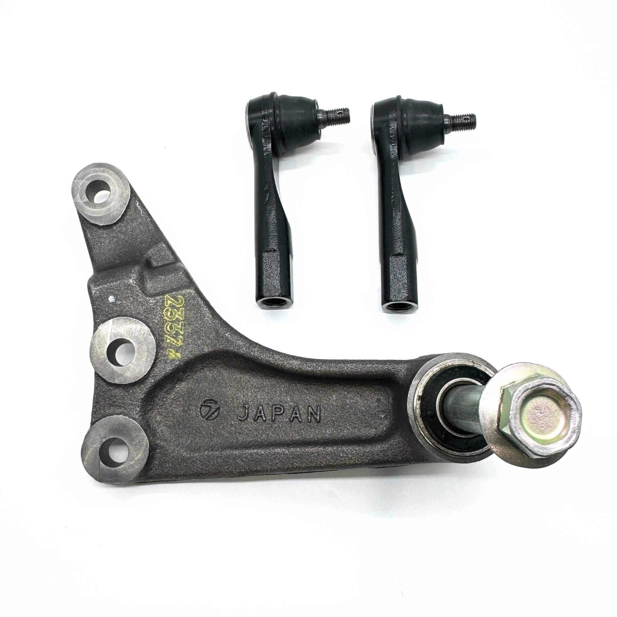 Close-up of the complete steering set for Subaru Sambar Van KV3, KV4 (1990-1998), featuring heavy-duty outer tie rods and center steering link with pin.