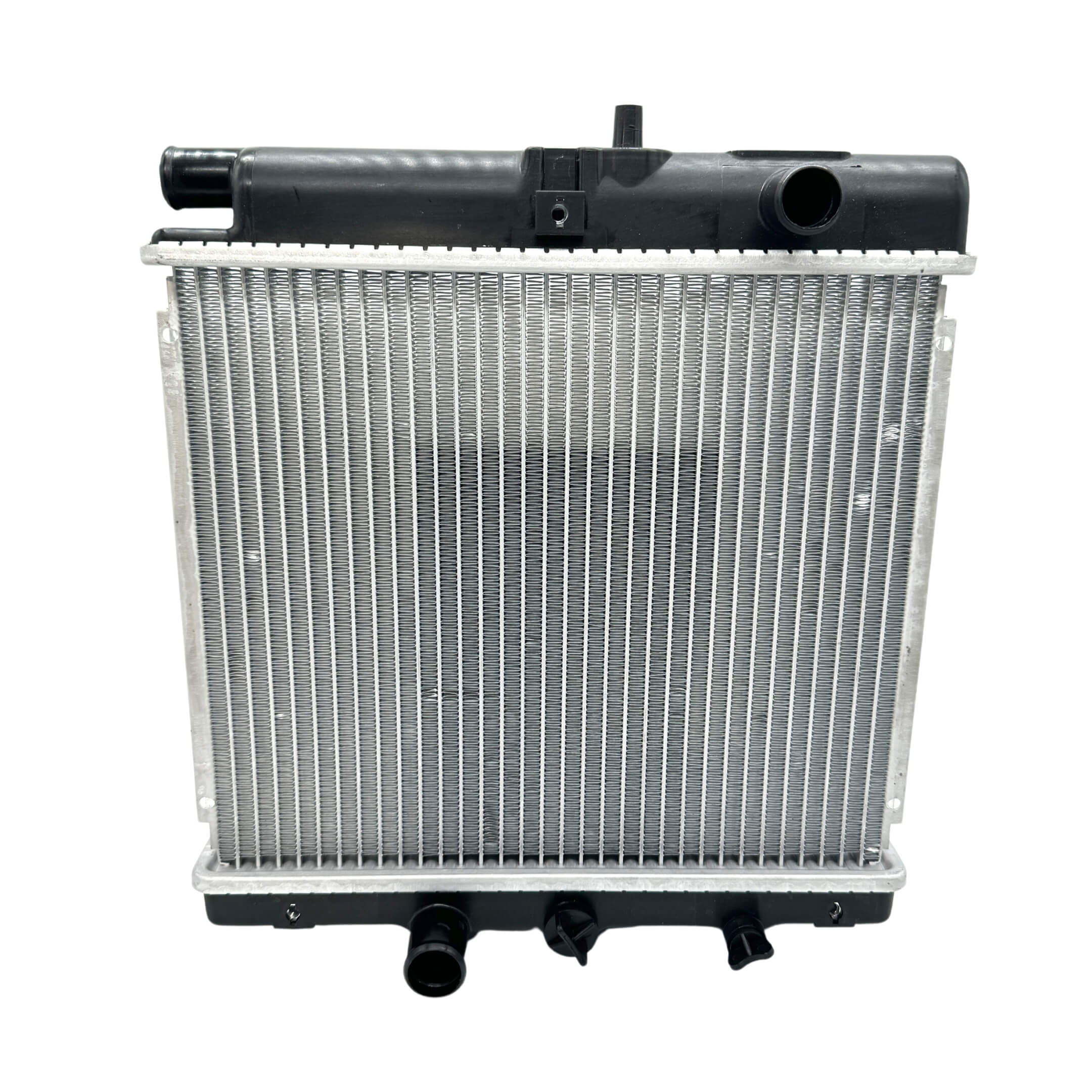 Rear perspective of a gently used radiator assembly for Honda Acty HH3, HH4 models, highlighting the intact connectors and tubing.
