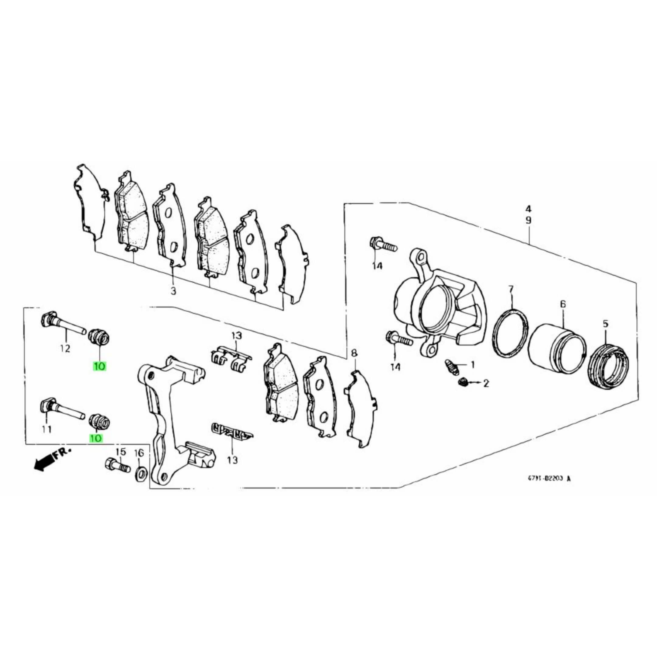 Diagram showcasing Brake Caliper Pin A&B Dust Cover location on Honda Acty HH3, HH4 models (1990-1999).