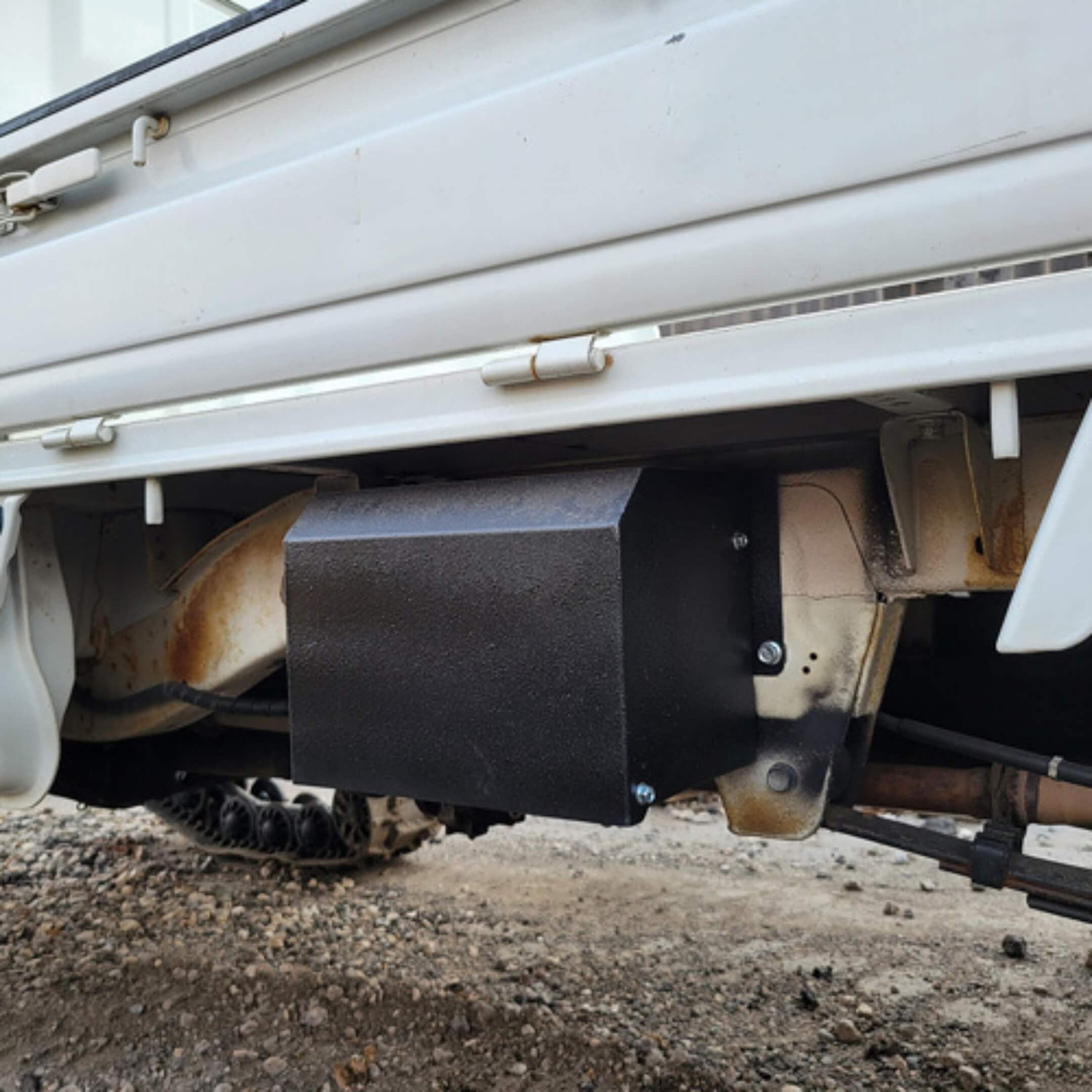 Installed Universal Secondary Battery Box on Kei Van, emphasizing secure fitment and durability, ideal for off-road power needs
