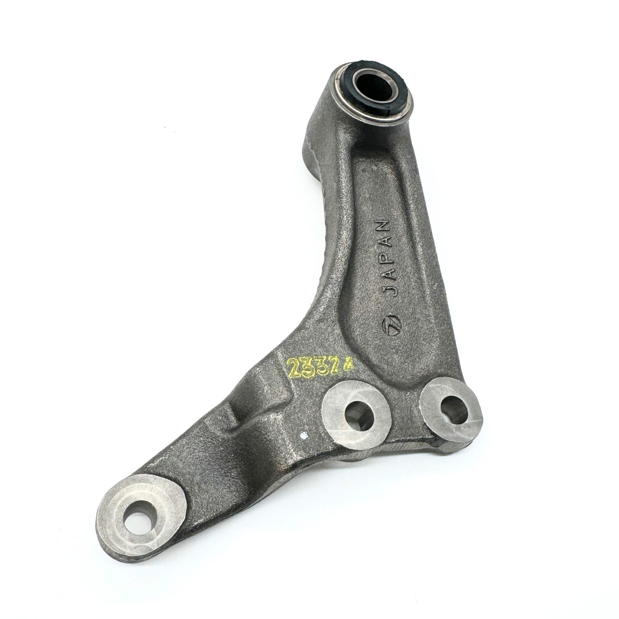 Angled side view of the center steering link for Subaru Sambar Van KV3, KV4 (1990-1998), highlighting the robust metal structure and mounting holes.