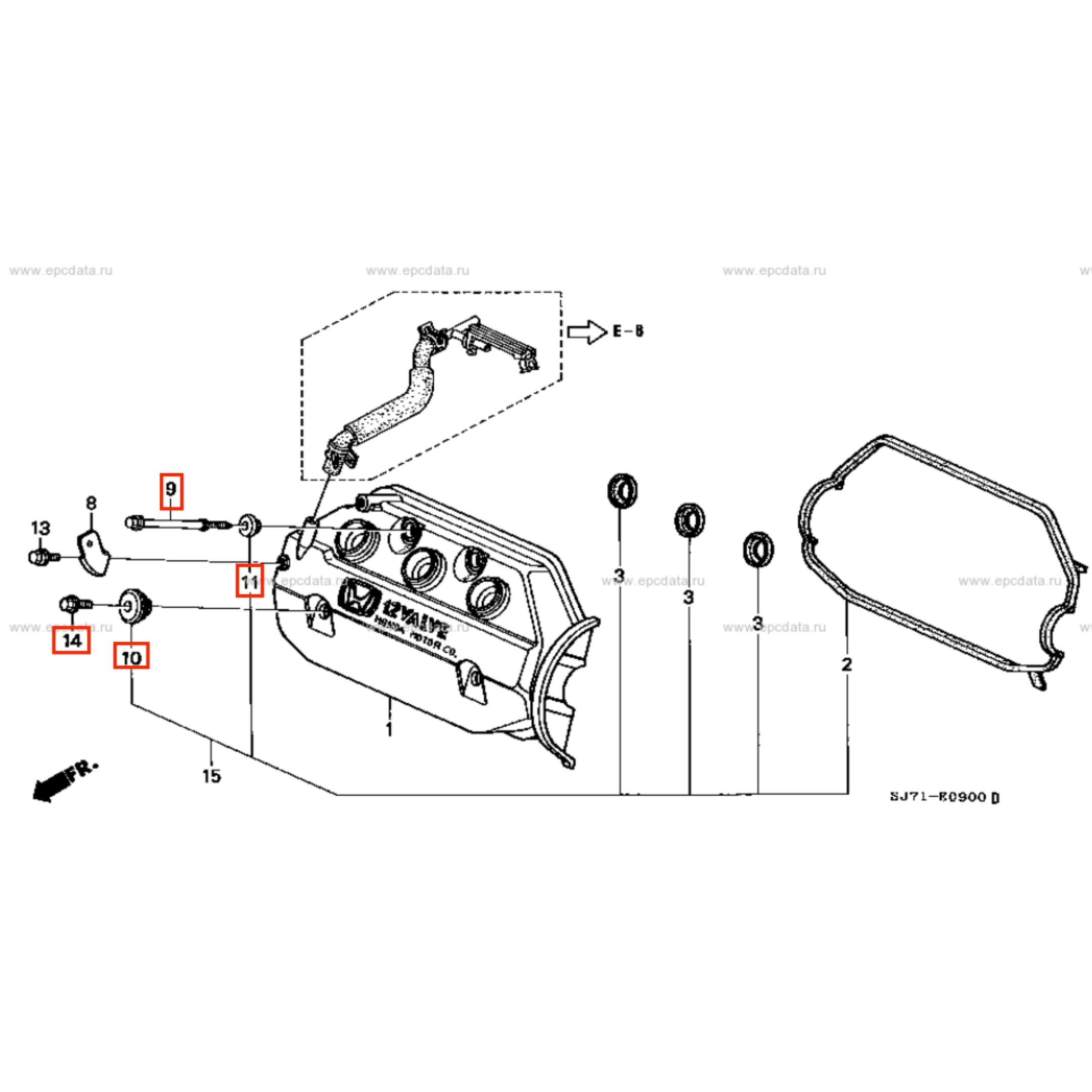 Exploded view diagram of Honda Acty Van HH3, HH4 engine (1990-1999) highlighting the valve cover and associated bolts and seals for maintenance clarity.