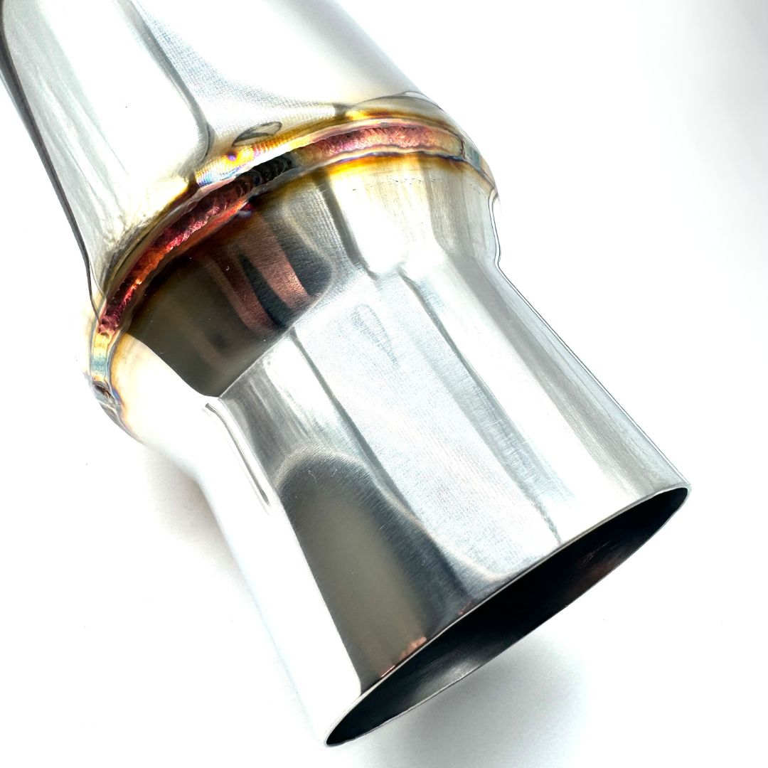 Close-up of polished stainless steel exhaust tip highlighting precise craftsmanship and finish quality of Oiwa Growler exhaust.