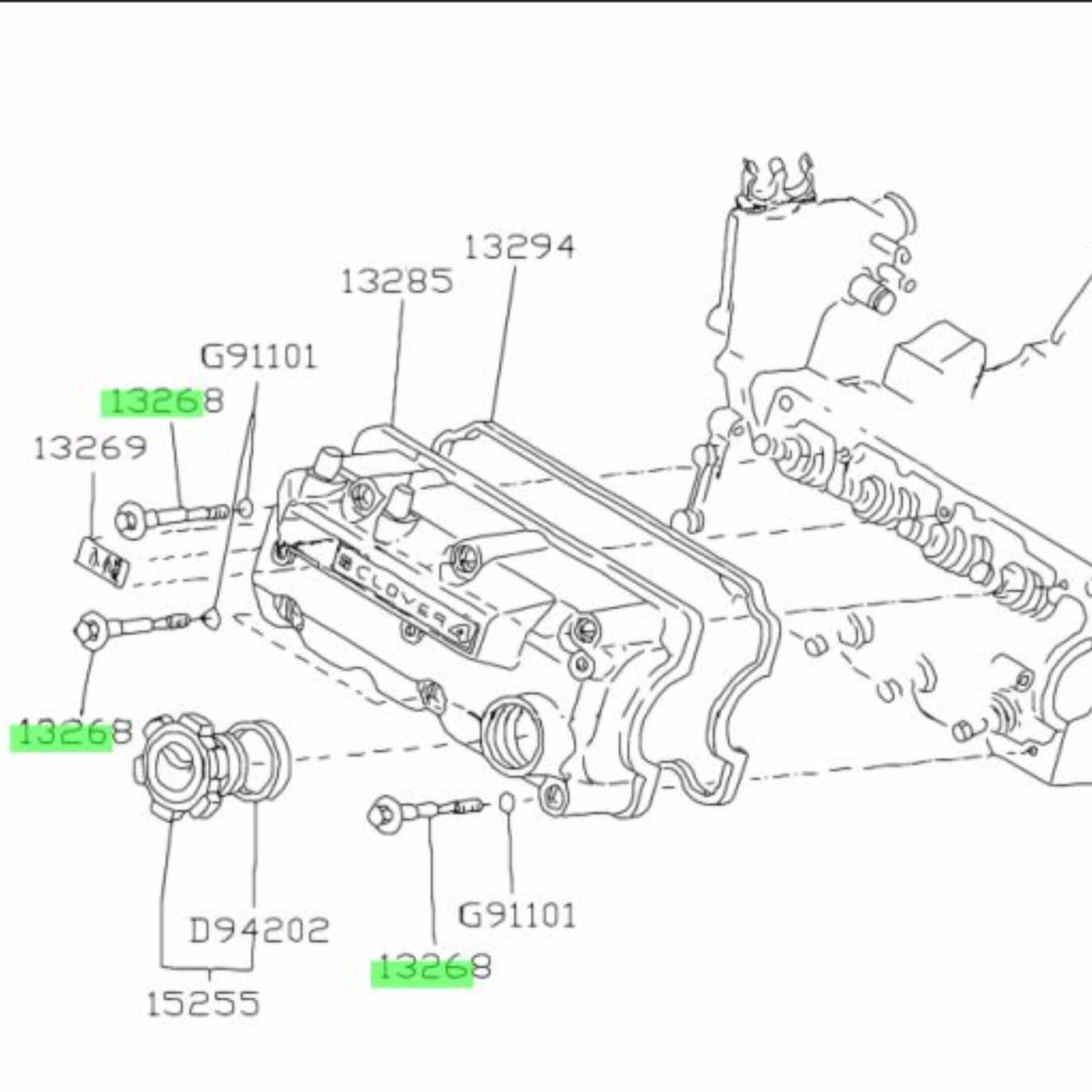 Technical diagram showing placement of valve cover bolts in Subaru Sambar KV3, KV4 models with EN07 engine, OEM replacement bolts.