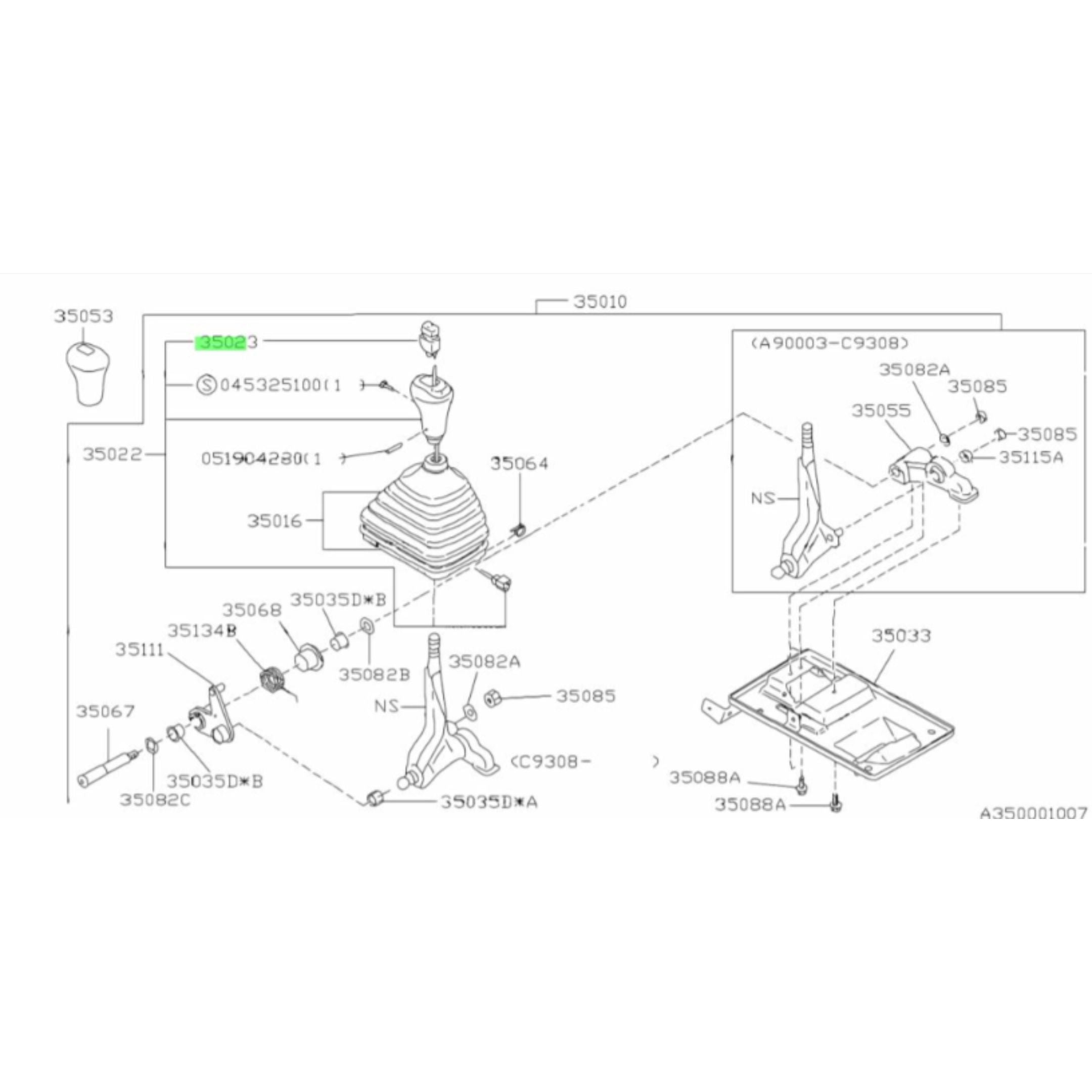 Technical diagram of 4WD Gear Shift Switch for Subaru Sambar Truck TT2 Models (1999-2012), showcasing detailed parts and assembly layout.