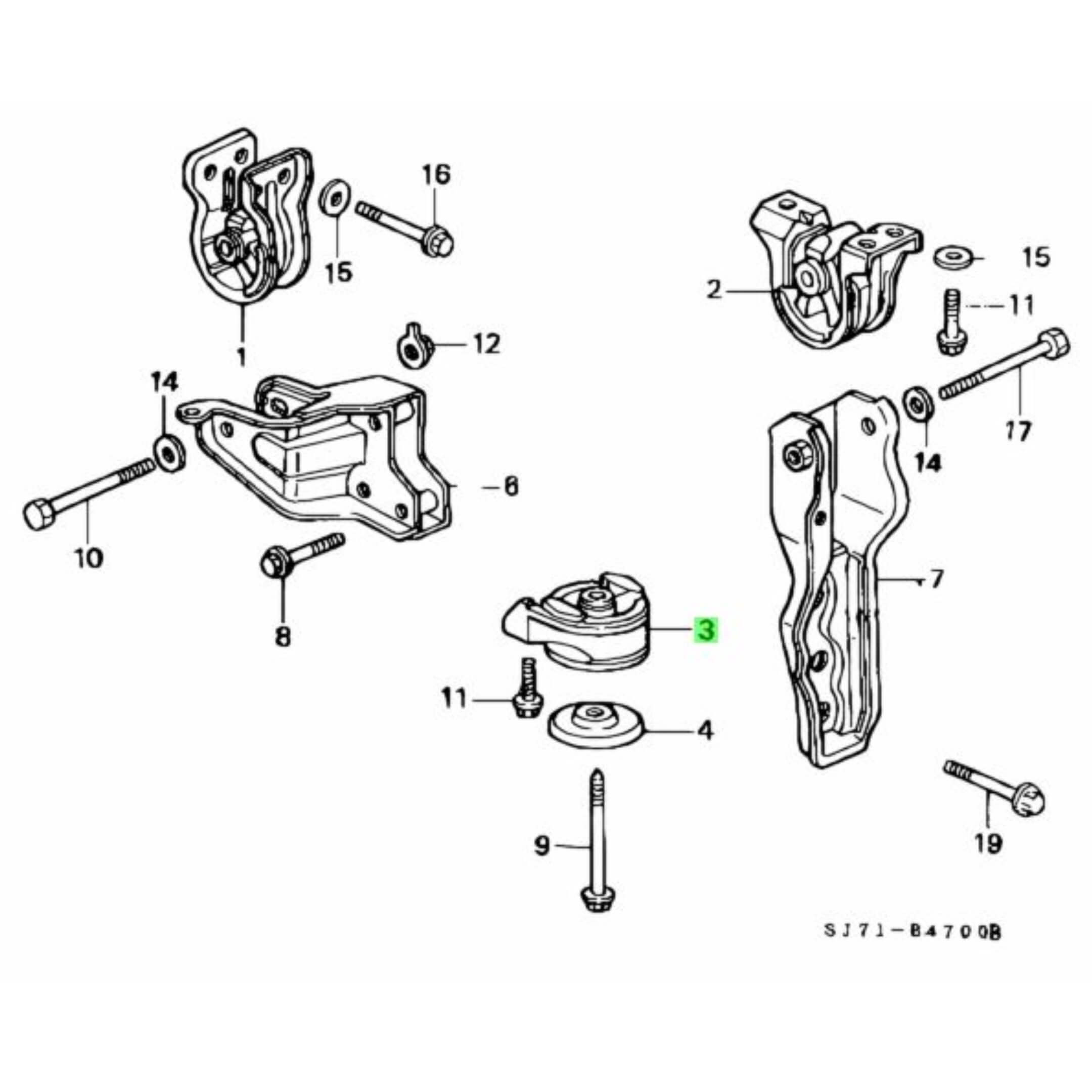 Diagram showing Engine Mount Placement for Honda Acty Truck HA3 HA4 Models 1990-1999 with Manual Transmission