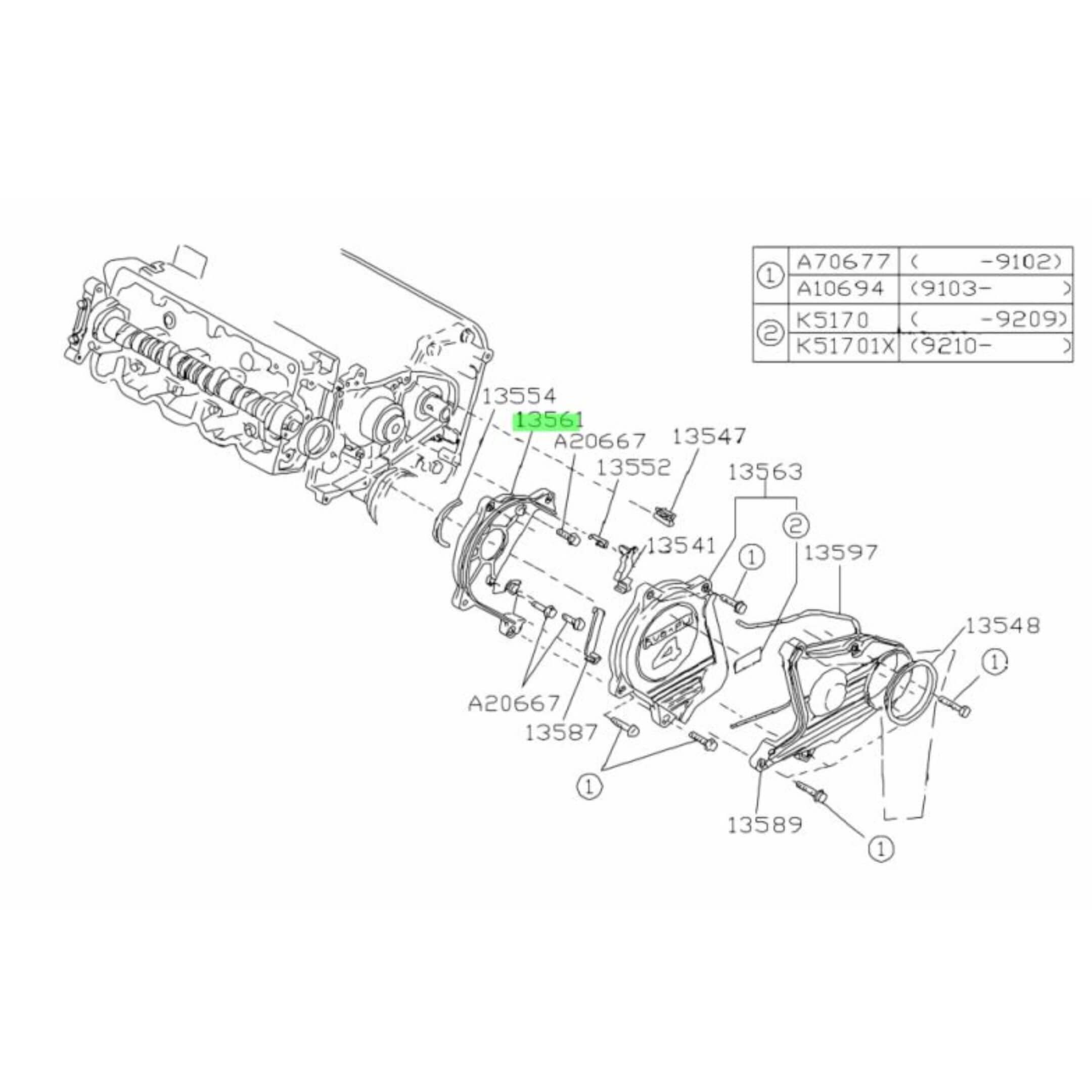 Technical diagram illustrating the placement of the inner timing belt cover for Subaru Sambar EN07 engines in KV3, KV4 models.