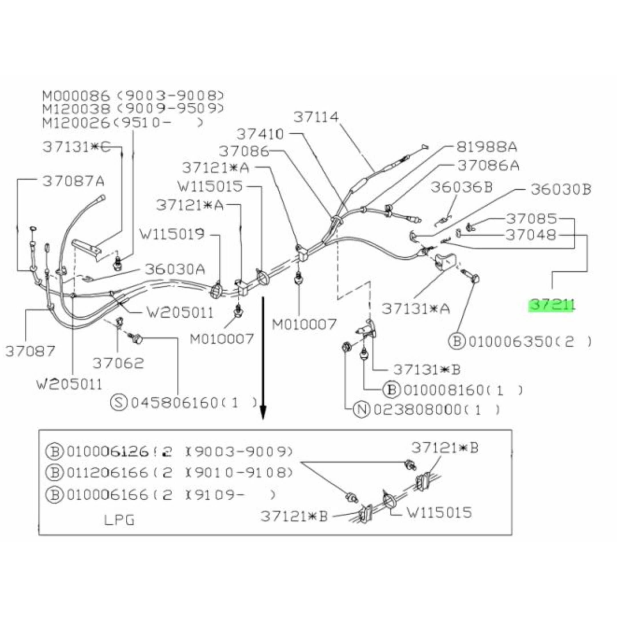 Detailed schematic of the Subaru Sambar Clutch Cable for correct placement and fitment in KV3 and KV4 models.