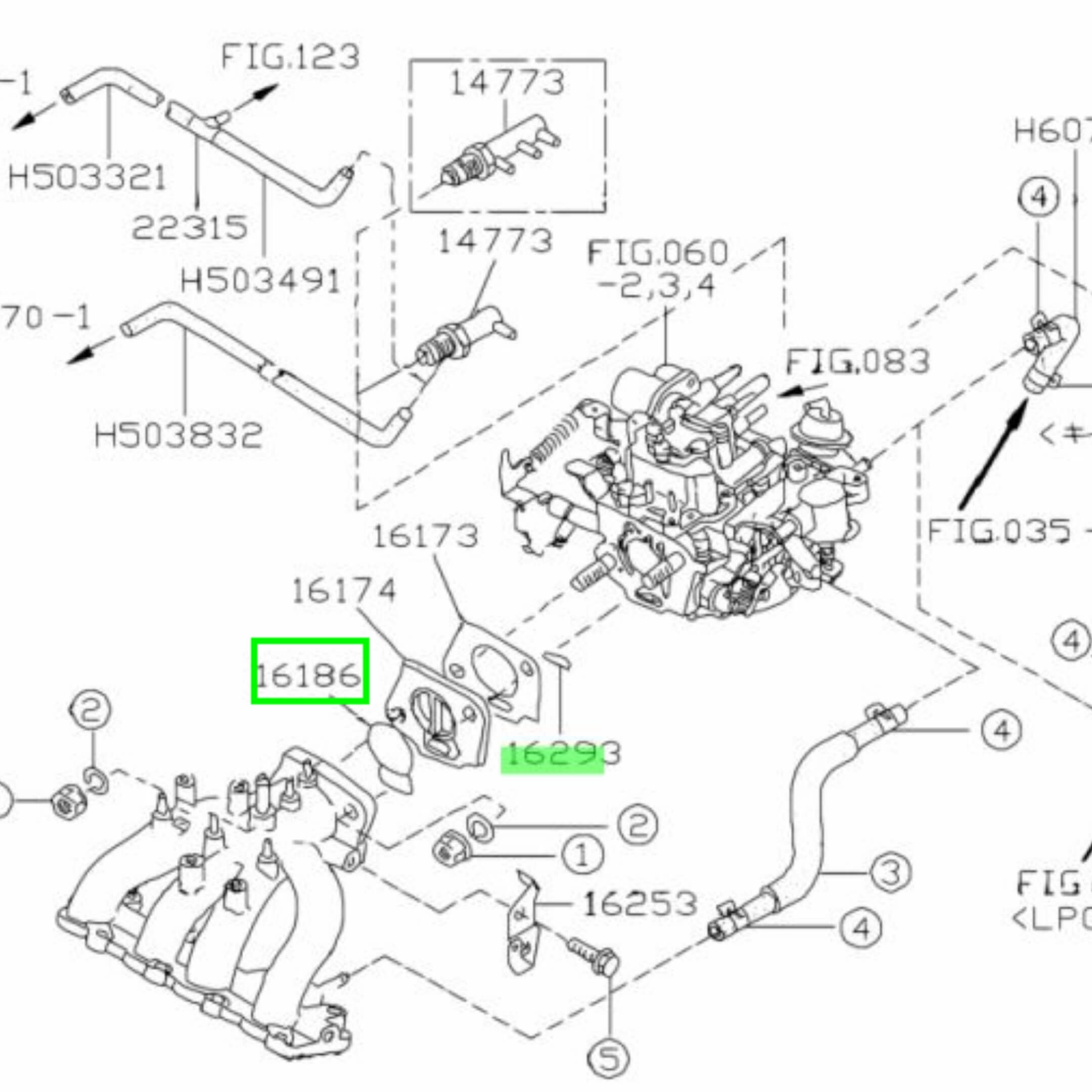 Diagram of Carburetor Gasket Placement for Subaru Sambar KV3, KV4 (1990-1998) - Intake Manifold Assembly