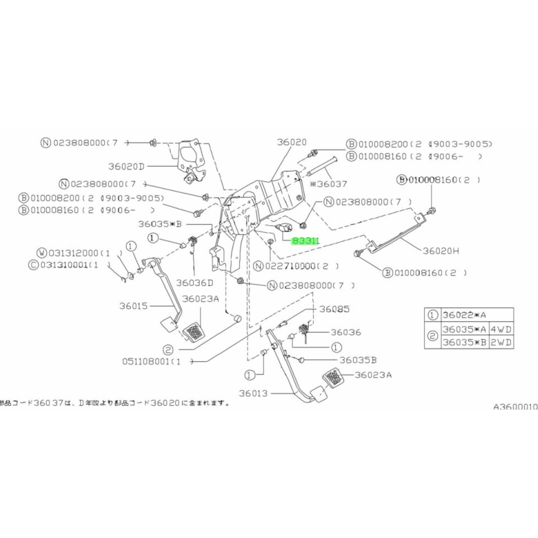 Diagram illustration of the brake lamp switch position for Subaru Sambar KS3, KS4 models.