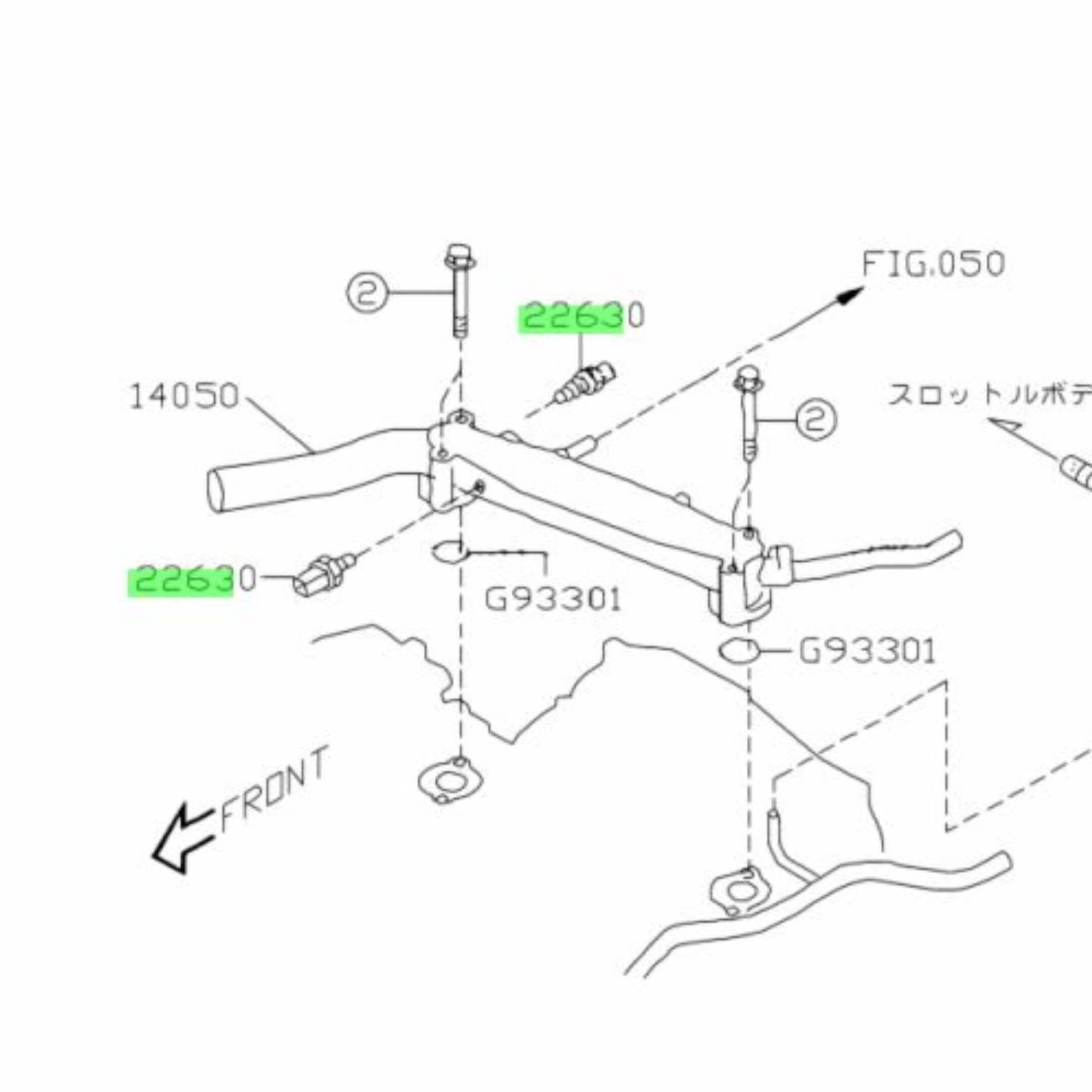 Diagram showing the location of the Subaru Sambar Coolant Temperature Sensor in the engine bay - NA KV3, KV4 models 1990-1998.