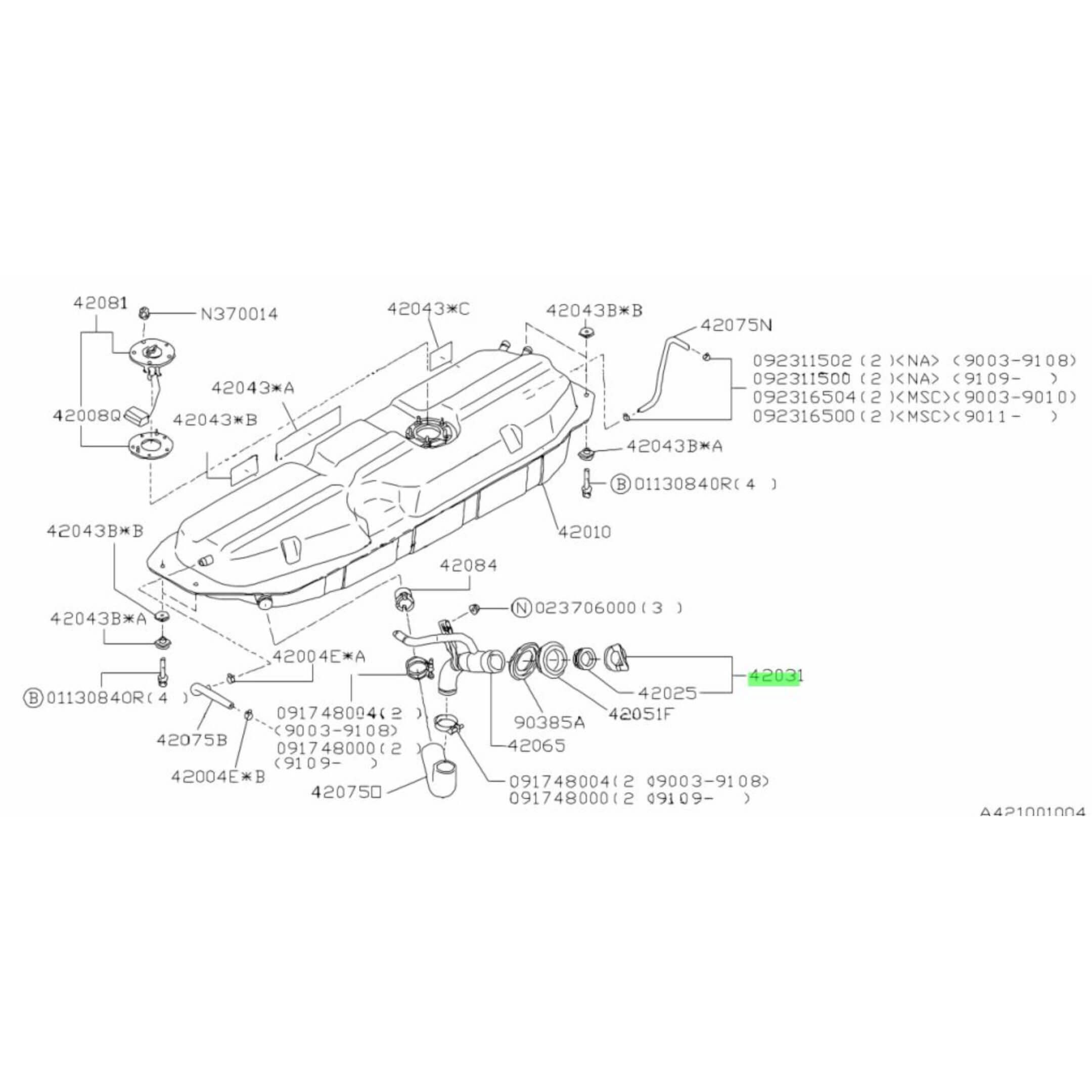 Fuel system diagram showing the location of the fuel filler cap on a Subaru Sambar truck.