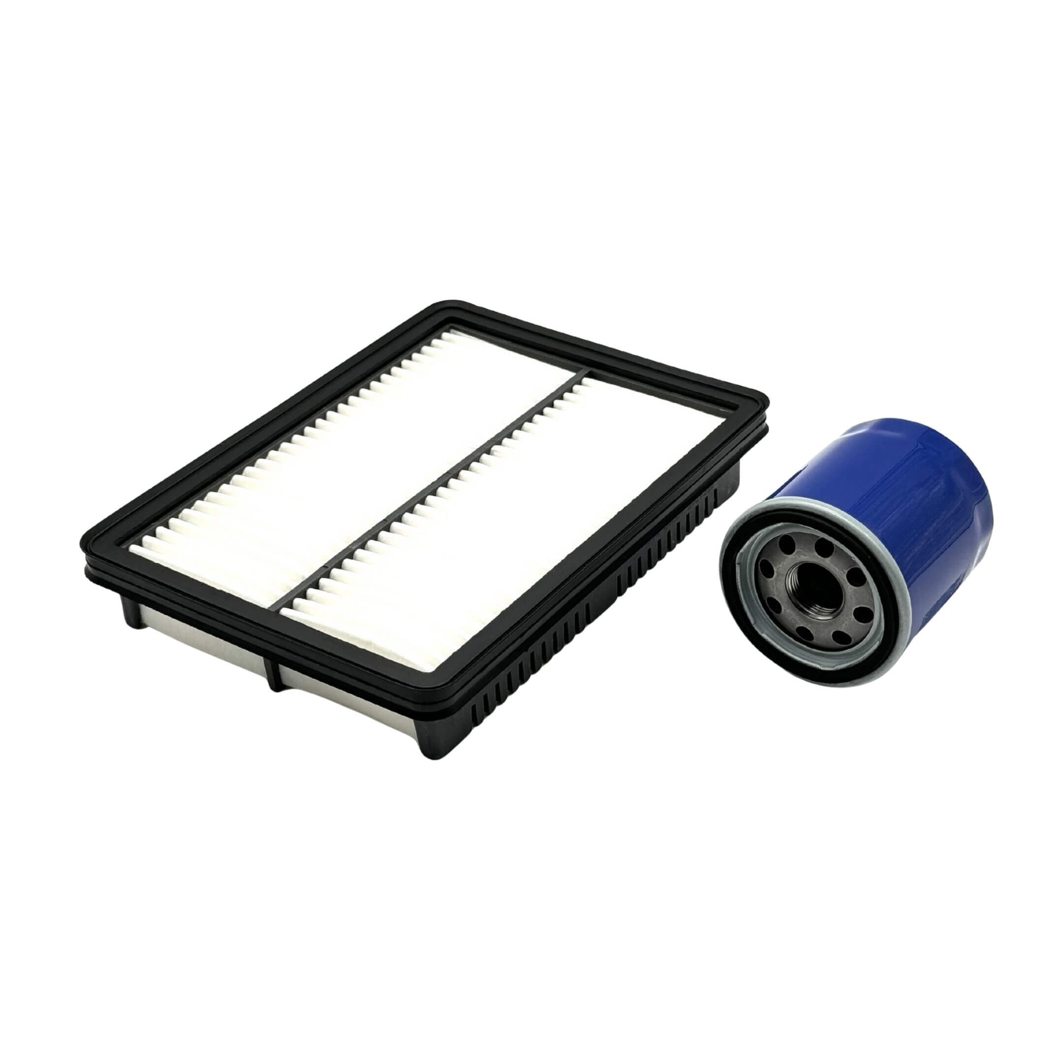 Aftermarket air filter and blue oil filter for Subaru Sambar Van TV1, TV2 models (1999-2012), featuring a rectangular design with a black frame and white filter element.