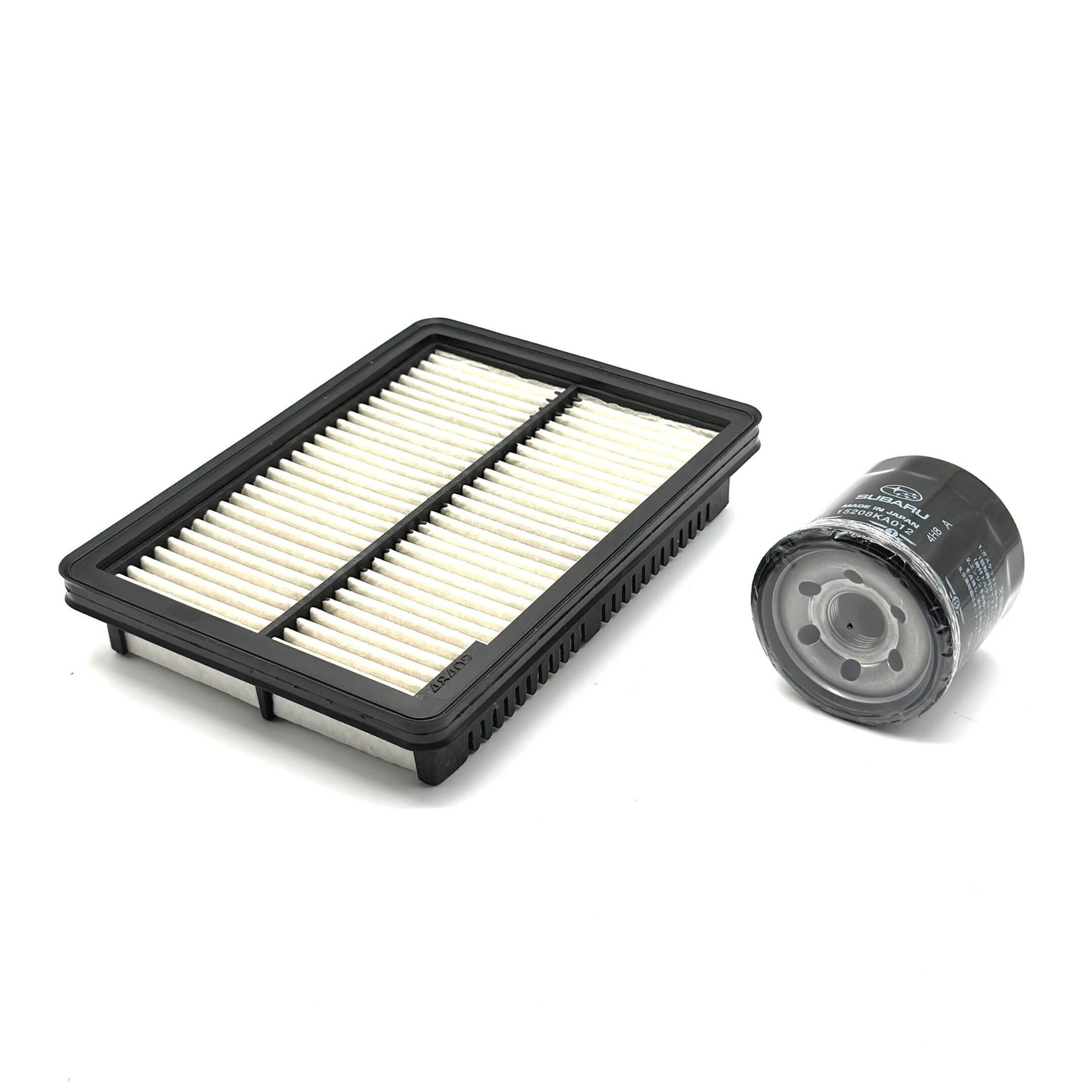 Genuine Subaru Sambar Truck TT1, TT2 air filter and oil filter set, featuring a black and white design, compatible with 1999-2012 models.