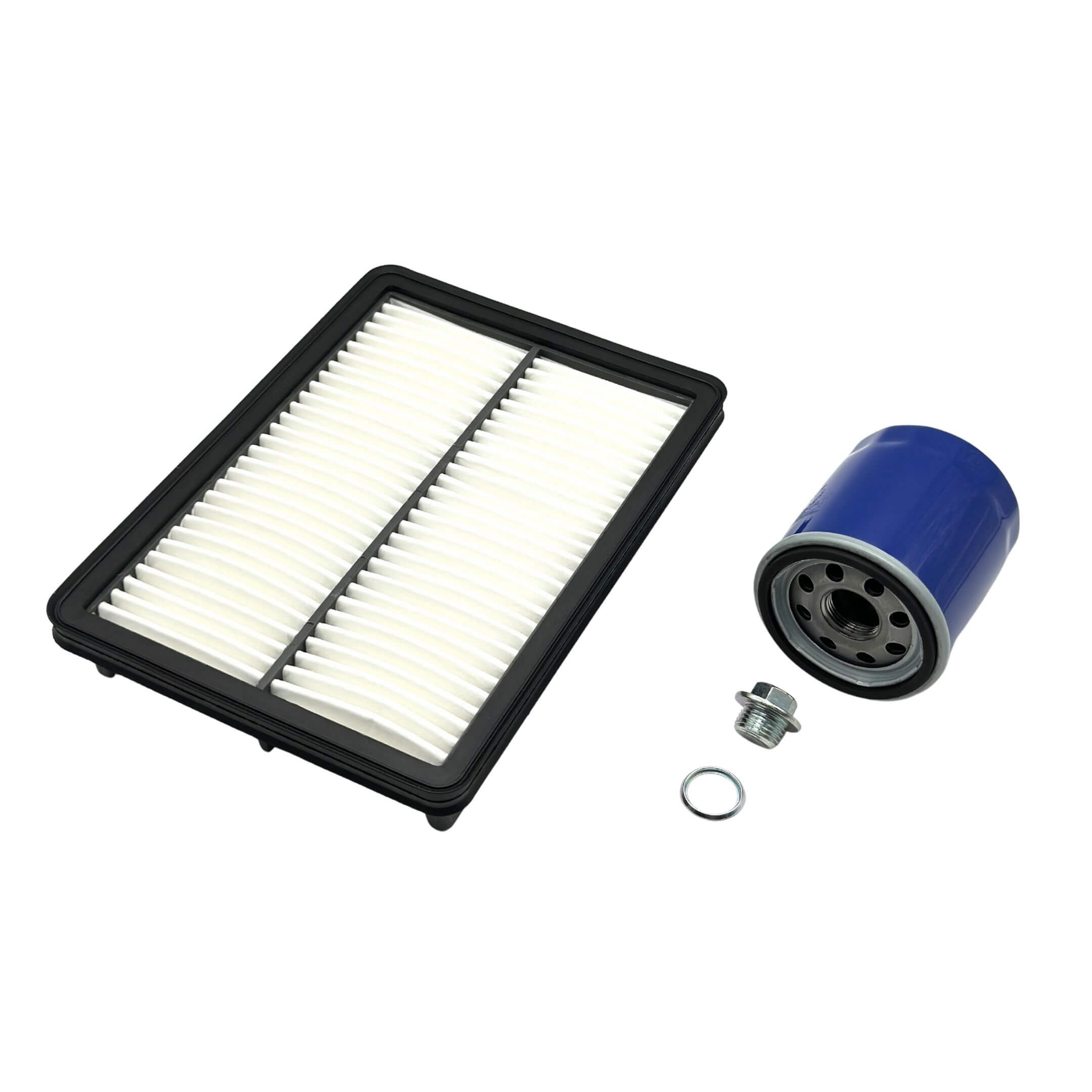 Air Filter, Oil Filter, and Drain Plug set for Subaru Sambar Wagon TW1, TW2 models (1999-2012), featuring a white rectangular air filter, blue cylindrical oil filter, and silver drain plug.