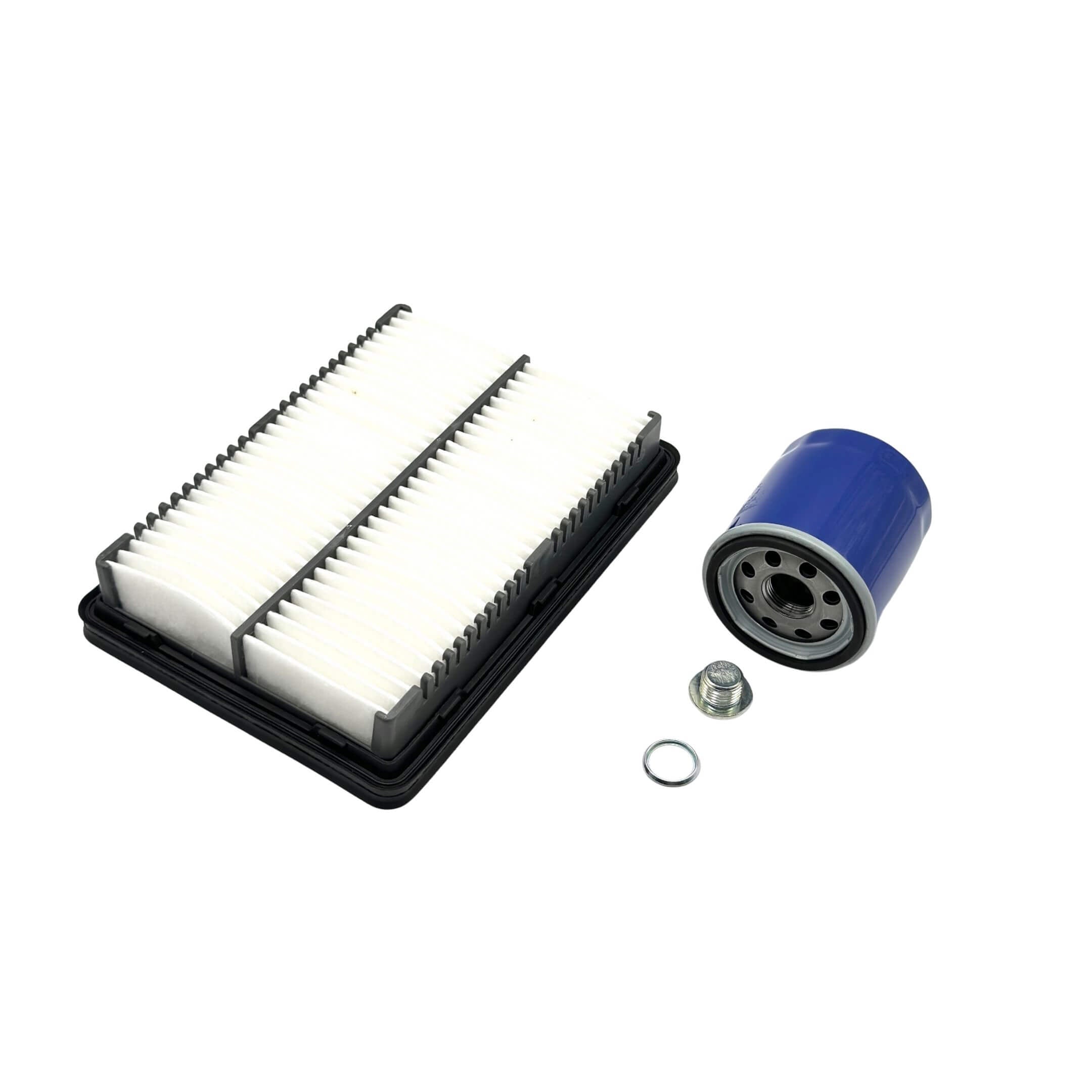 Air Filter, Oil Filter, and Drain Plug set for Subaru Sambar Wagon TW1, TW2 models (1999-2012), featuring a white rectangular air filter, blue cylindrical oil filter, and metal drain plug.