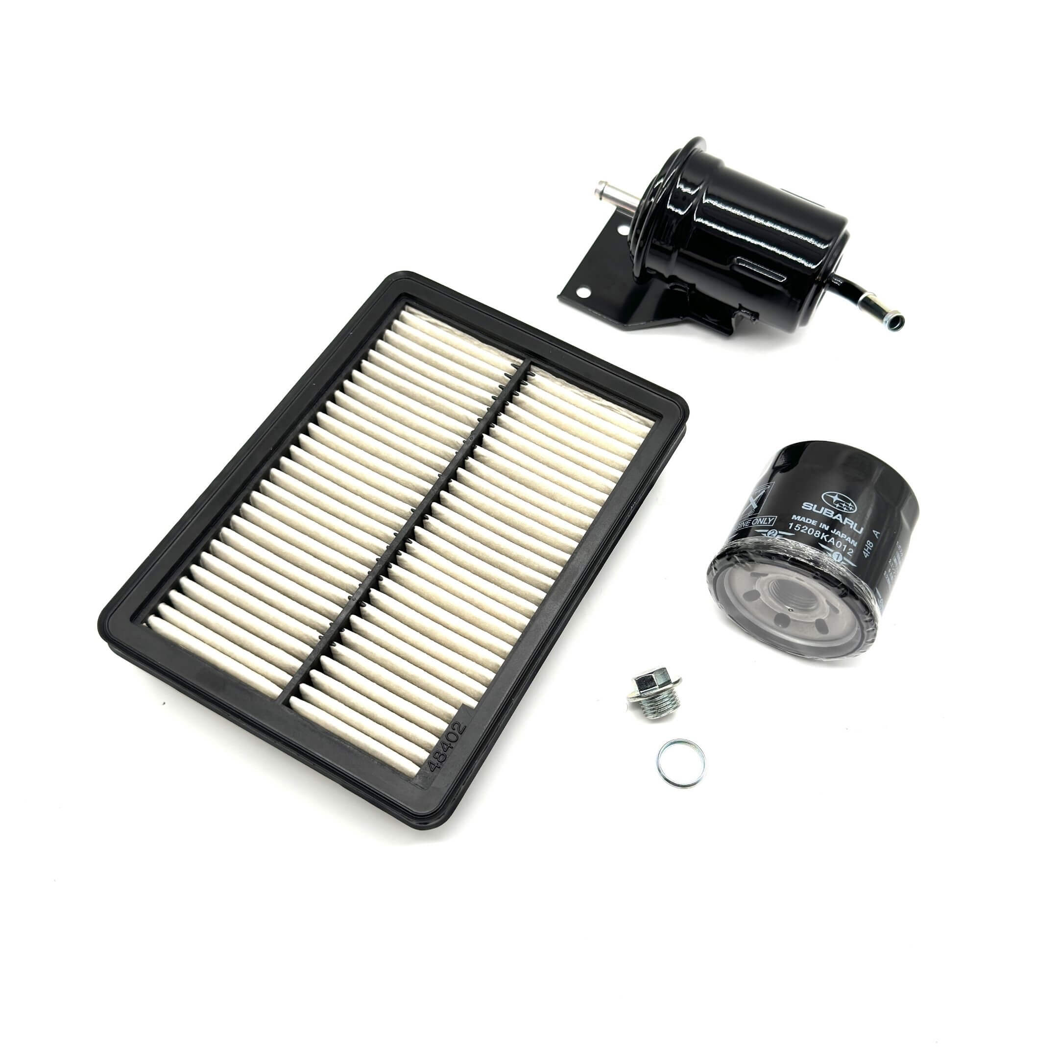 Genuine Subaru Sambar Van TV1, TV2 air filter, oil filter, fuel filter (Type B), and drain plug set for 1999-2012 models, featuring a black and white design.