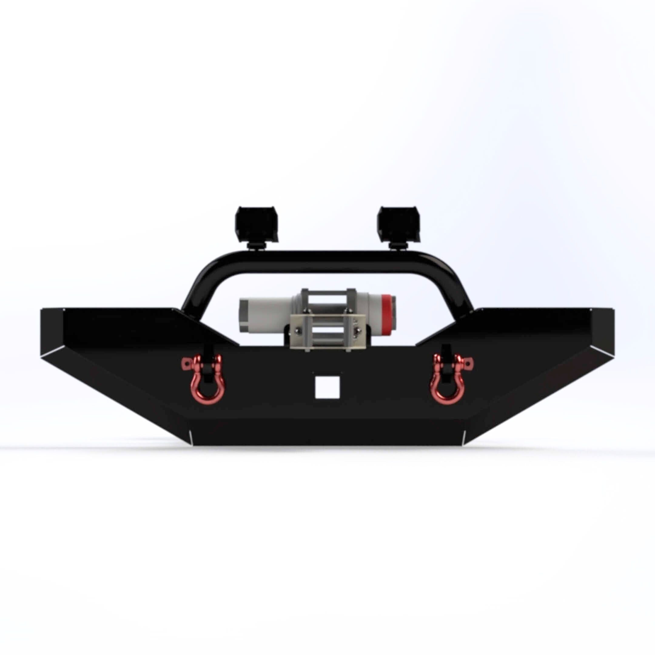 Technical rendering of Armor Front Bumper with bullbar and provisions for winch mount, light tabs, and shackle mounts.