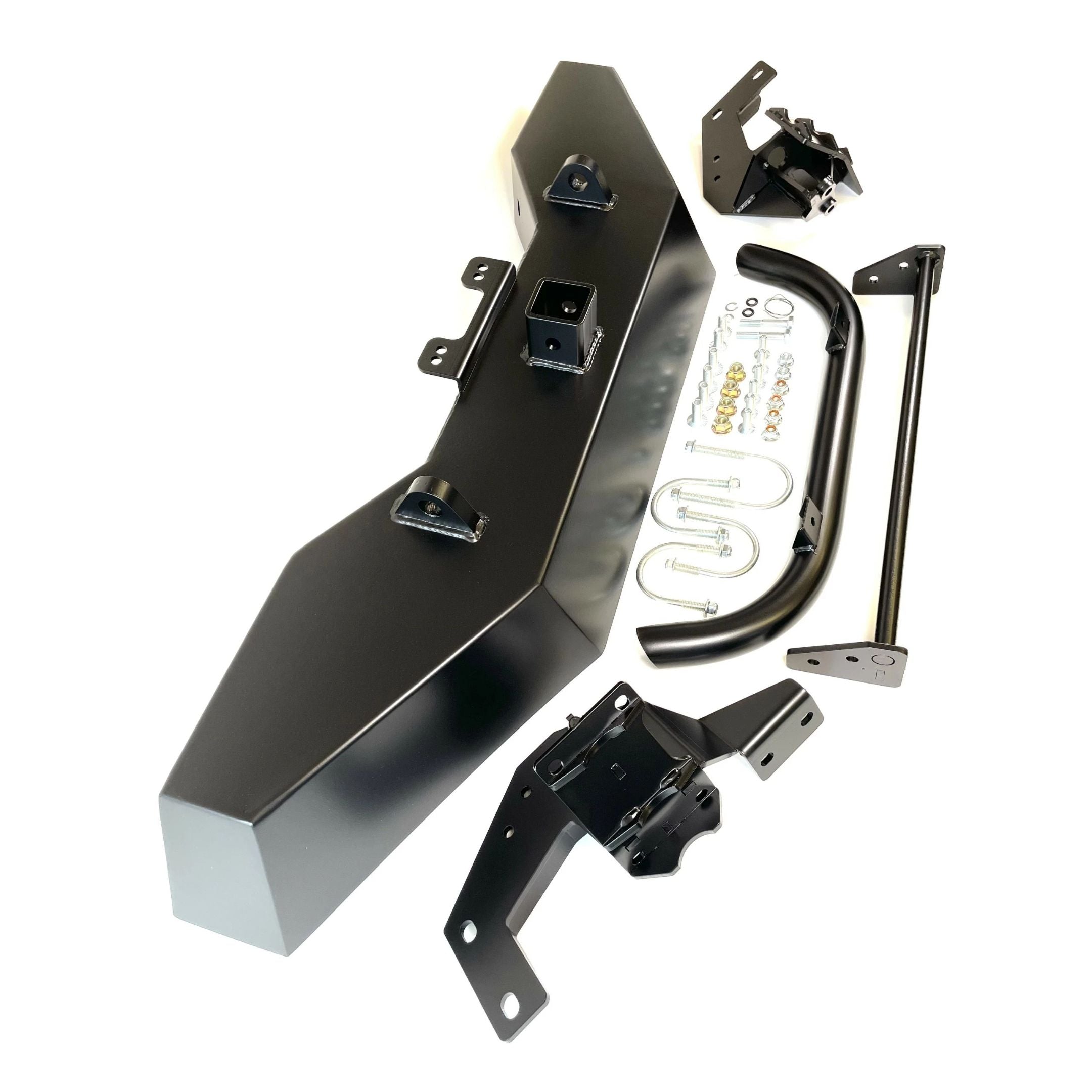 Side view of Armor Front Bumper kit for Subaru Sambar KS3 KS4 with mounting brackets, bullbar, and zinc-plated bolts included.