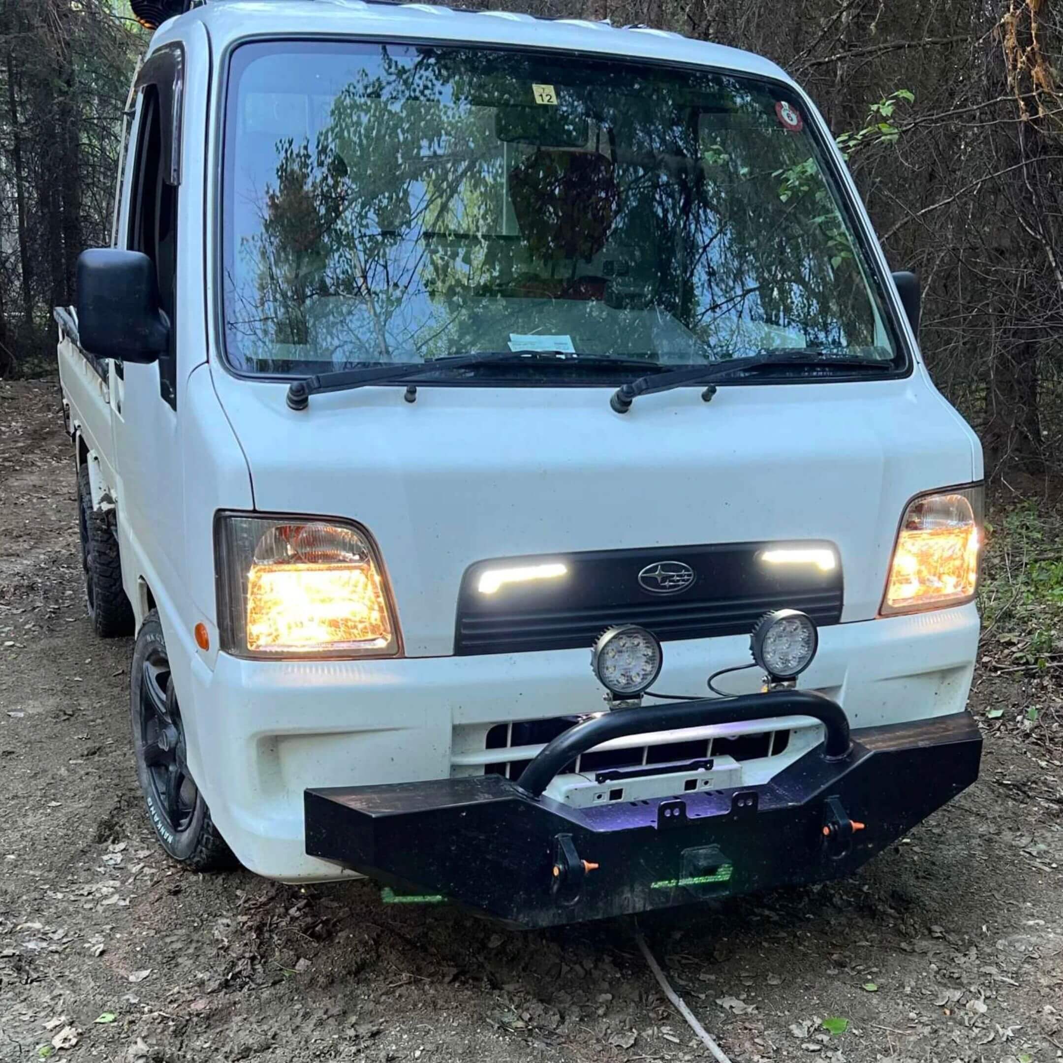 Subaru Sambar TV1 with Armor Front Bumper and bull bar, off-road setup.